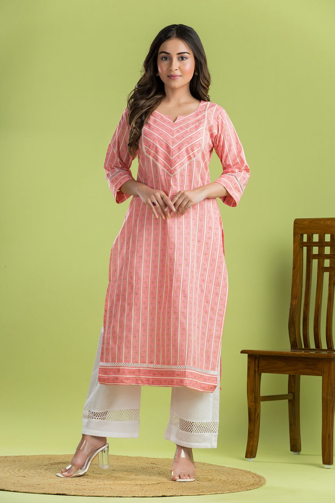 Light Pink Striped Straight Kurta