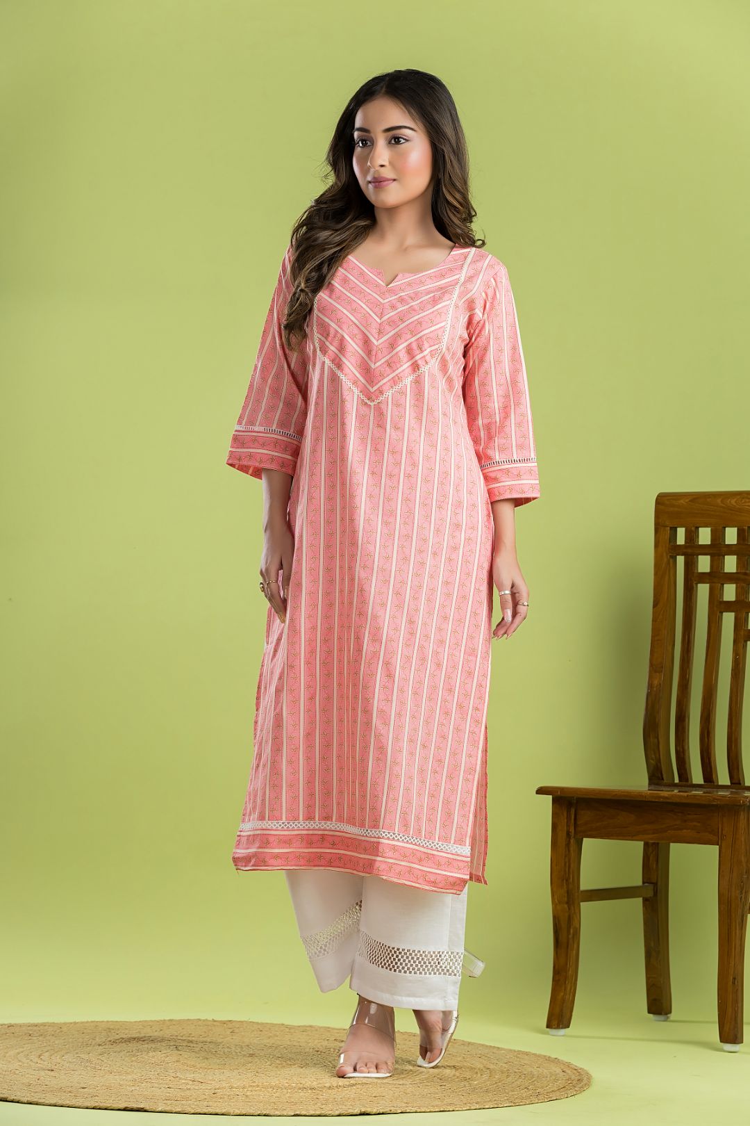 Light Pink Striped Straight Kurta