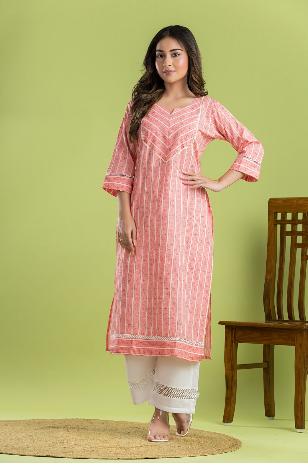 Light Pink Striped Straight Kurta