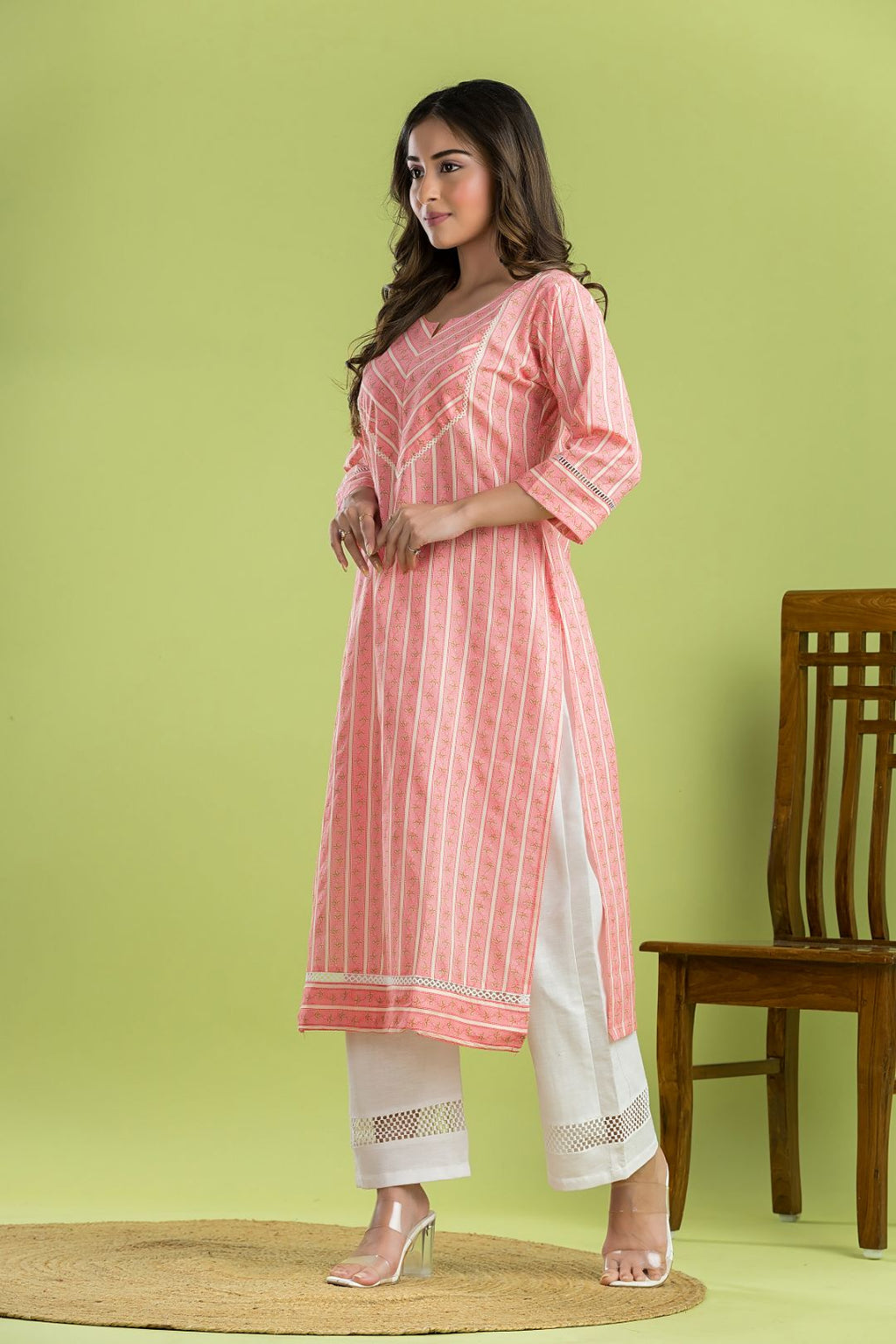 Light Pink Striped Straight Kurta