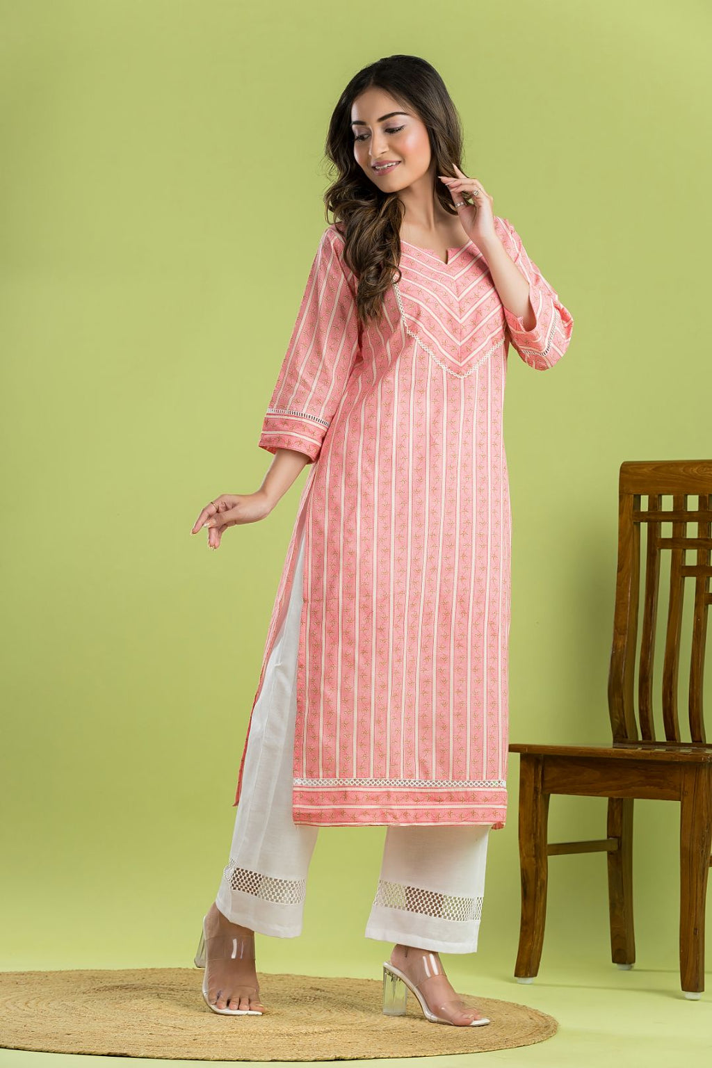 Light Pink Striped Straight Kurta