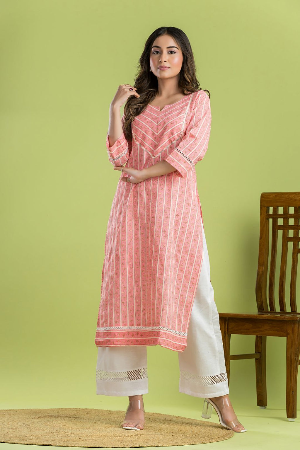 Light Pink Striped Straight Kurta