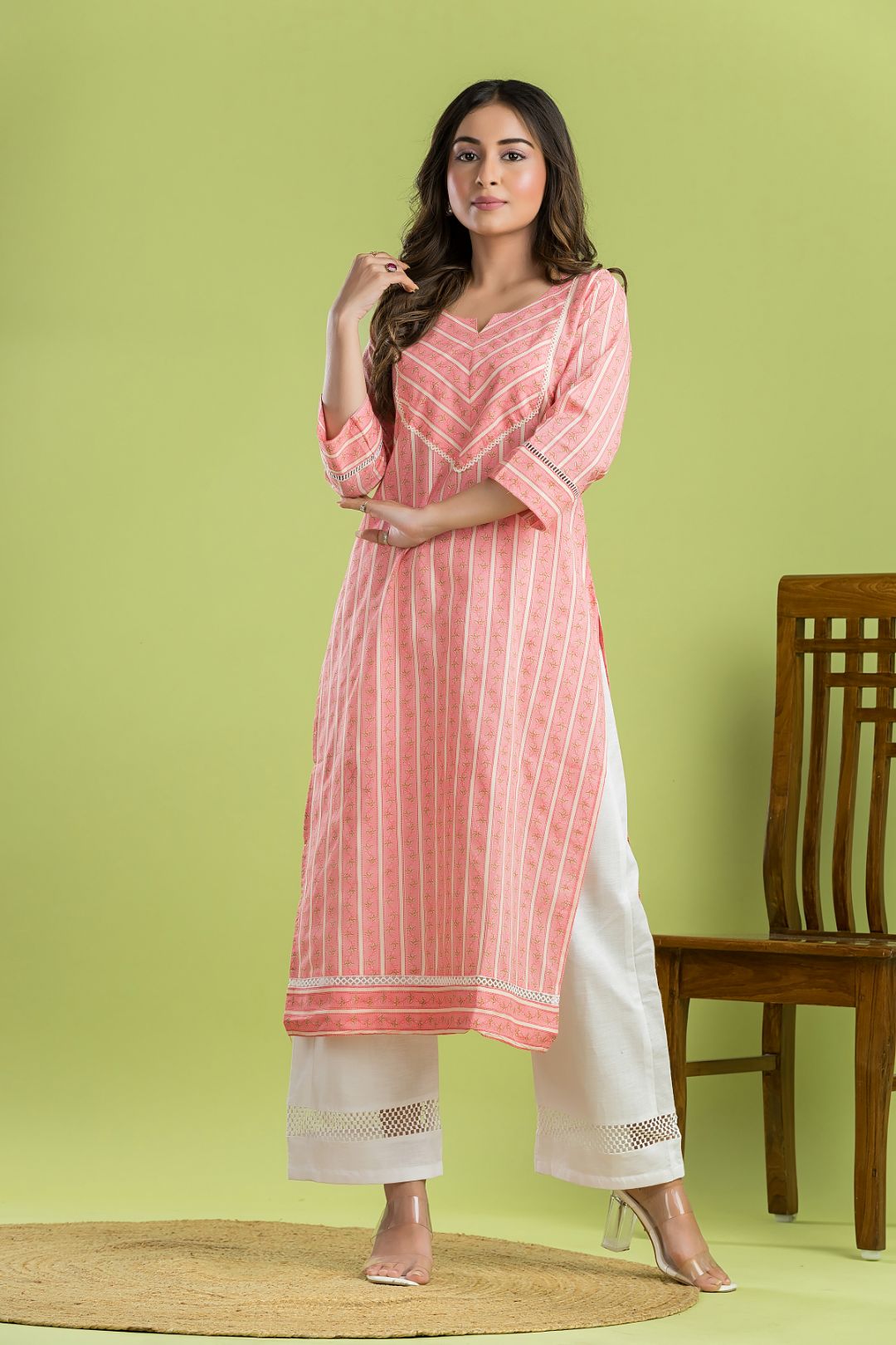 Light Pink Striped Straight Kurta