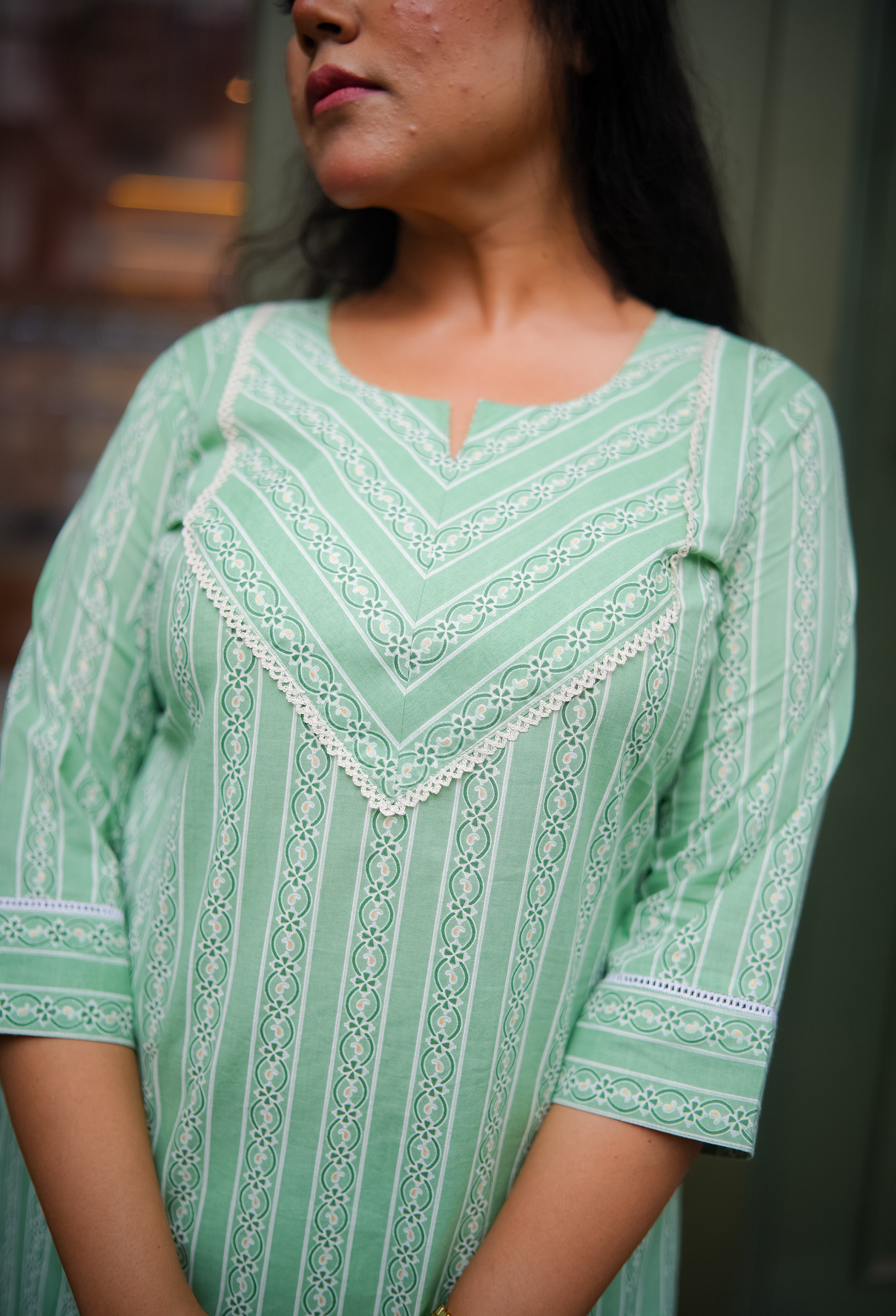 Mint Green Striped Straight Kurta