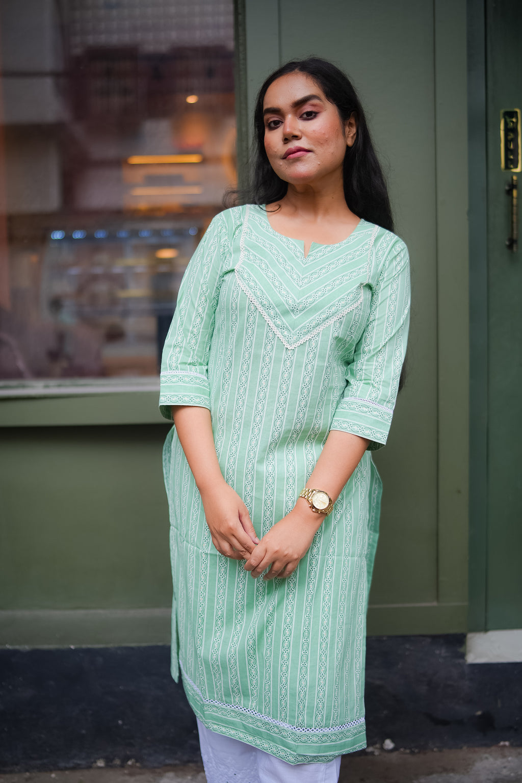 Mint Green Striped Straight Kurta