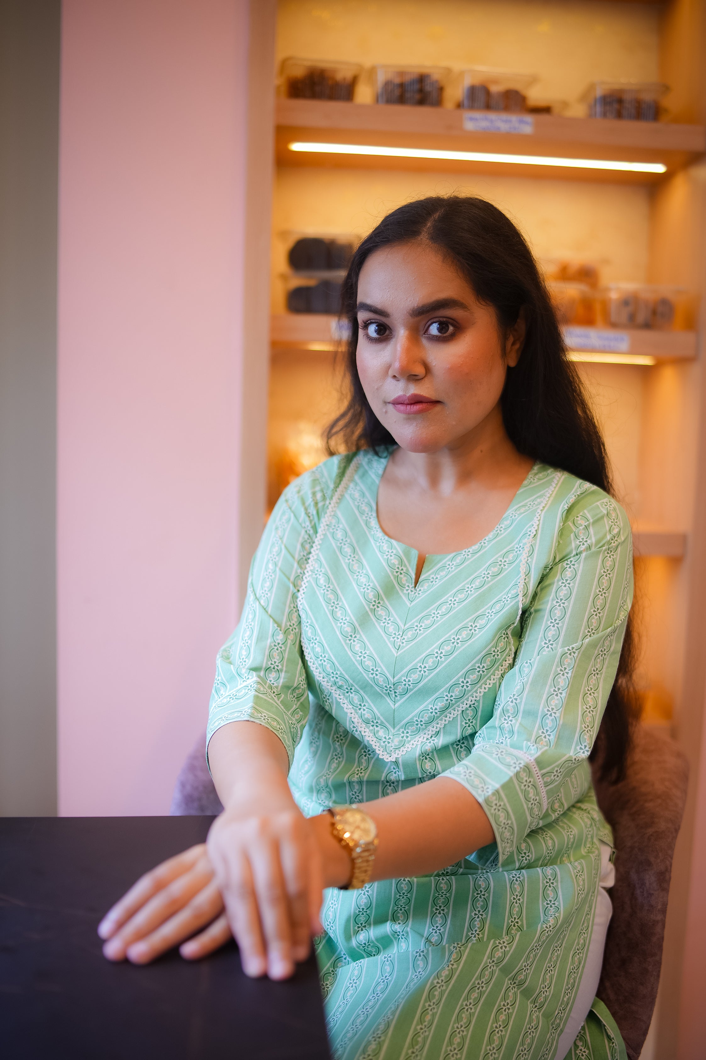 Mint Green Striped Straight Kurta