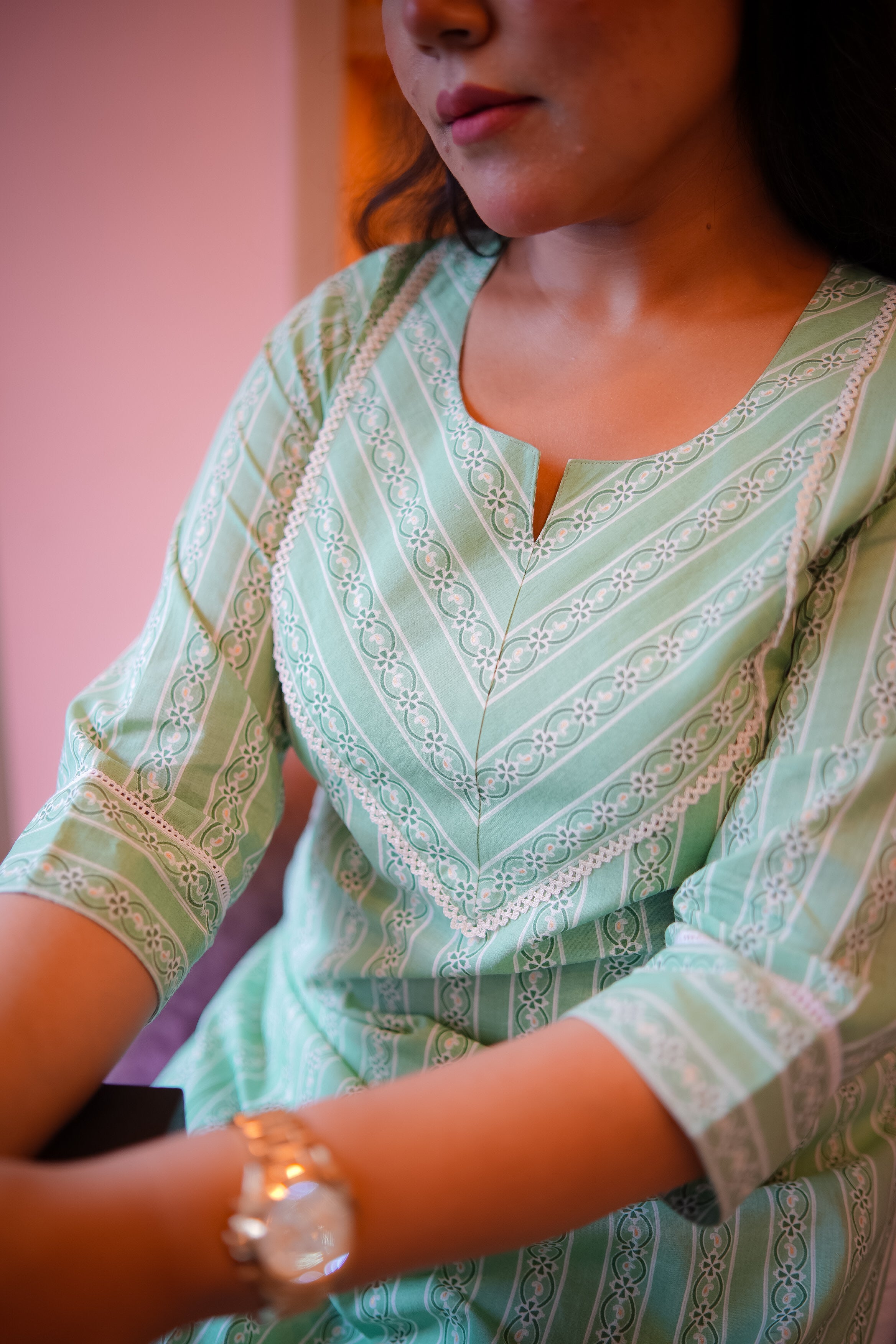 Mint Green Striped Straight Kurta