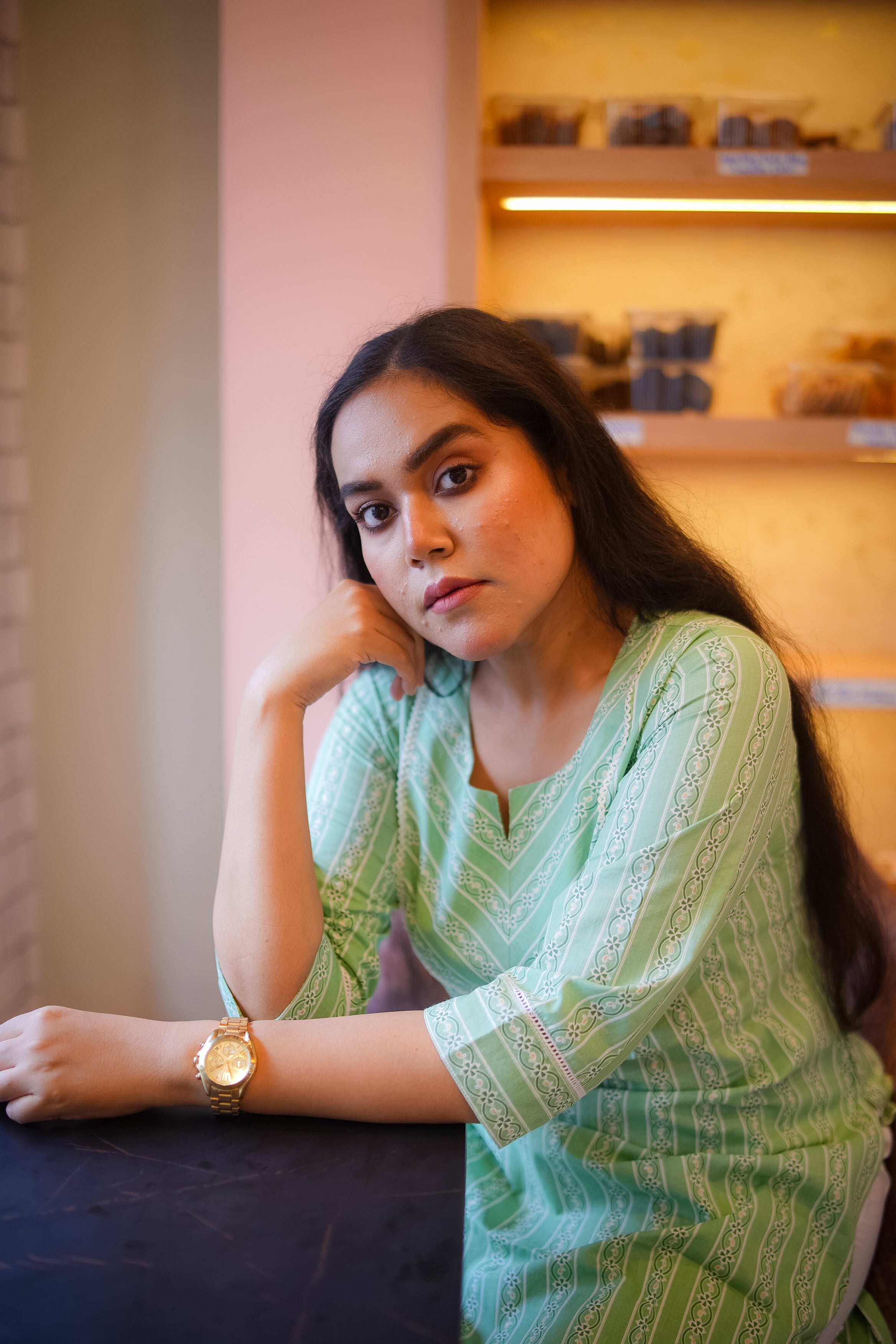 Mint Green Striped Straight Kurta