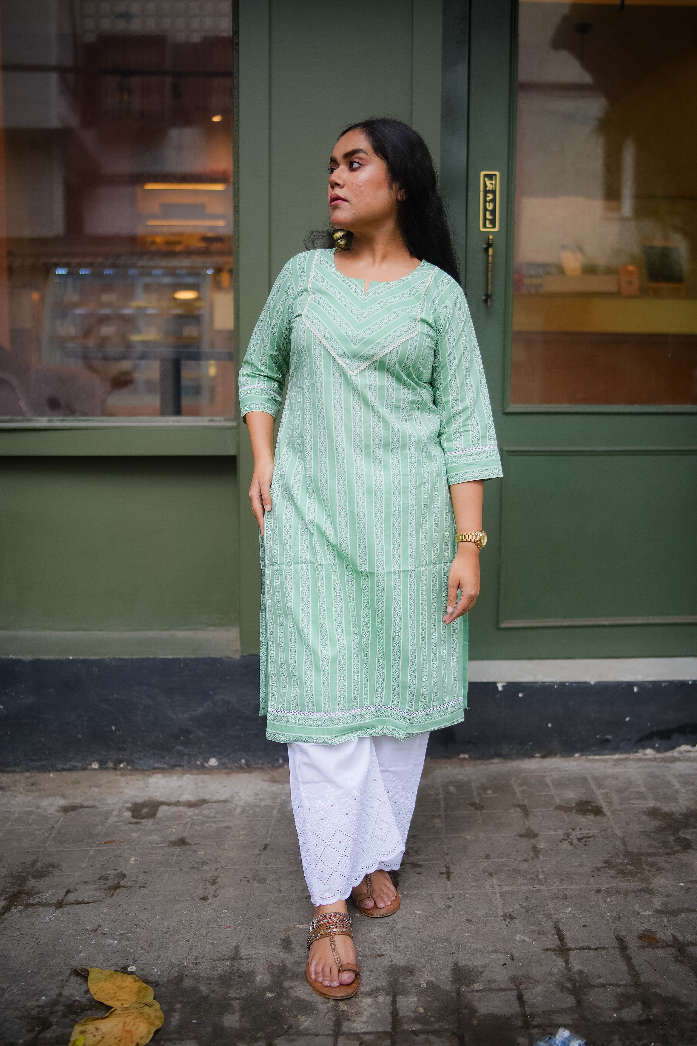 Mint Green Striped Straight Kurta