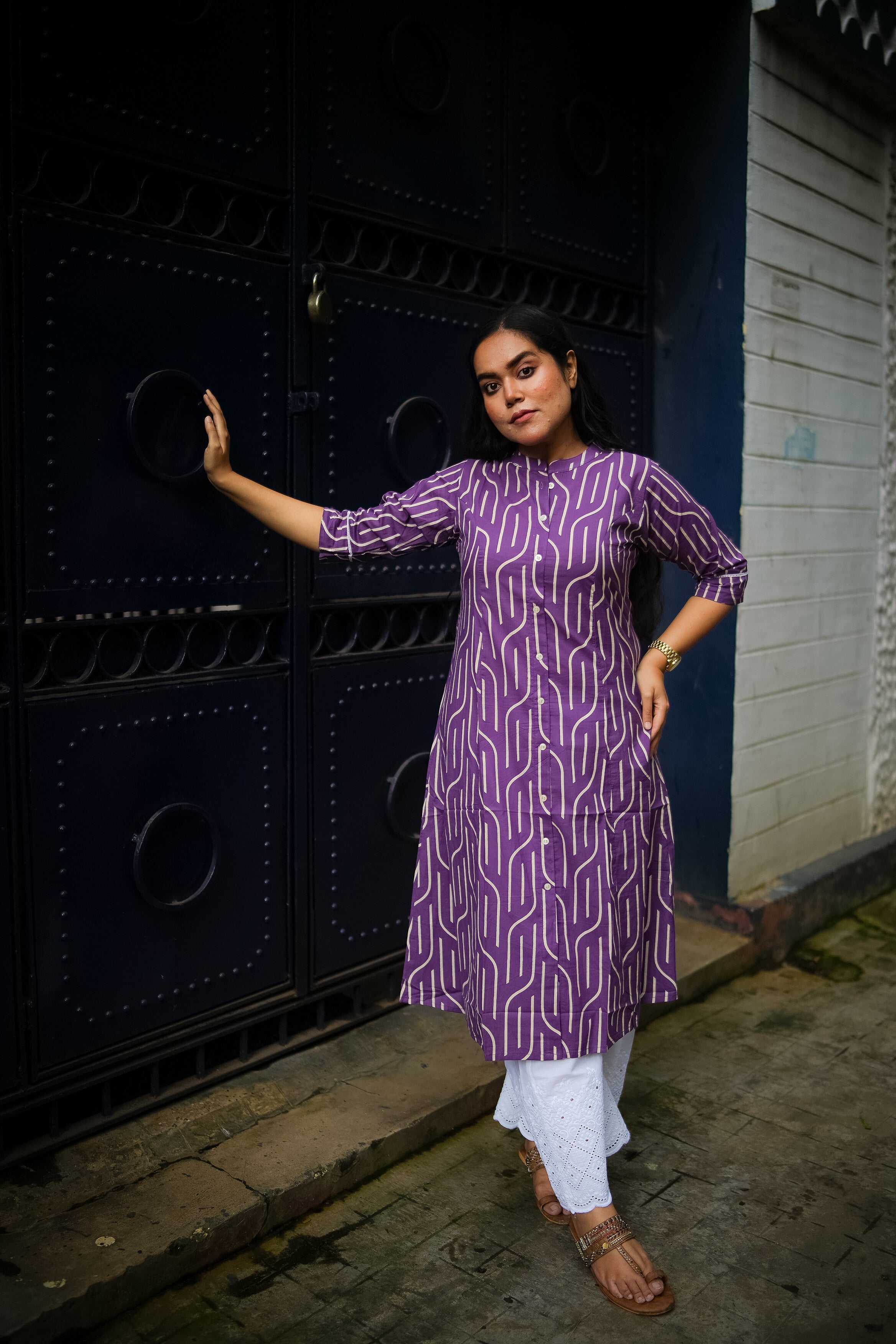 Purple Geometric Print A-line Kurta