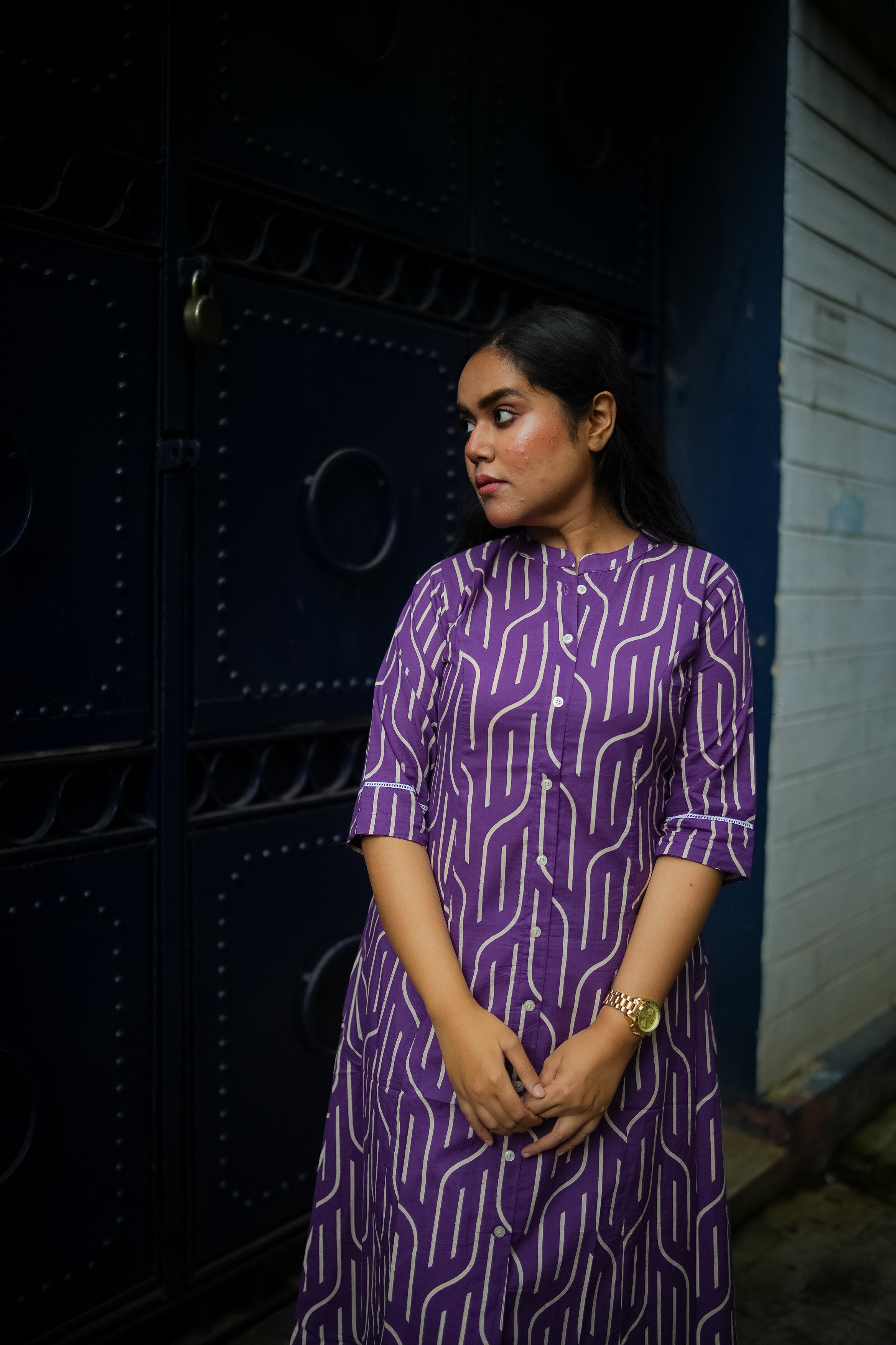 Purple Geometric Print A-line Kurta