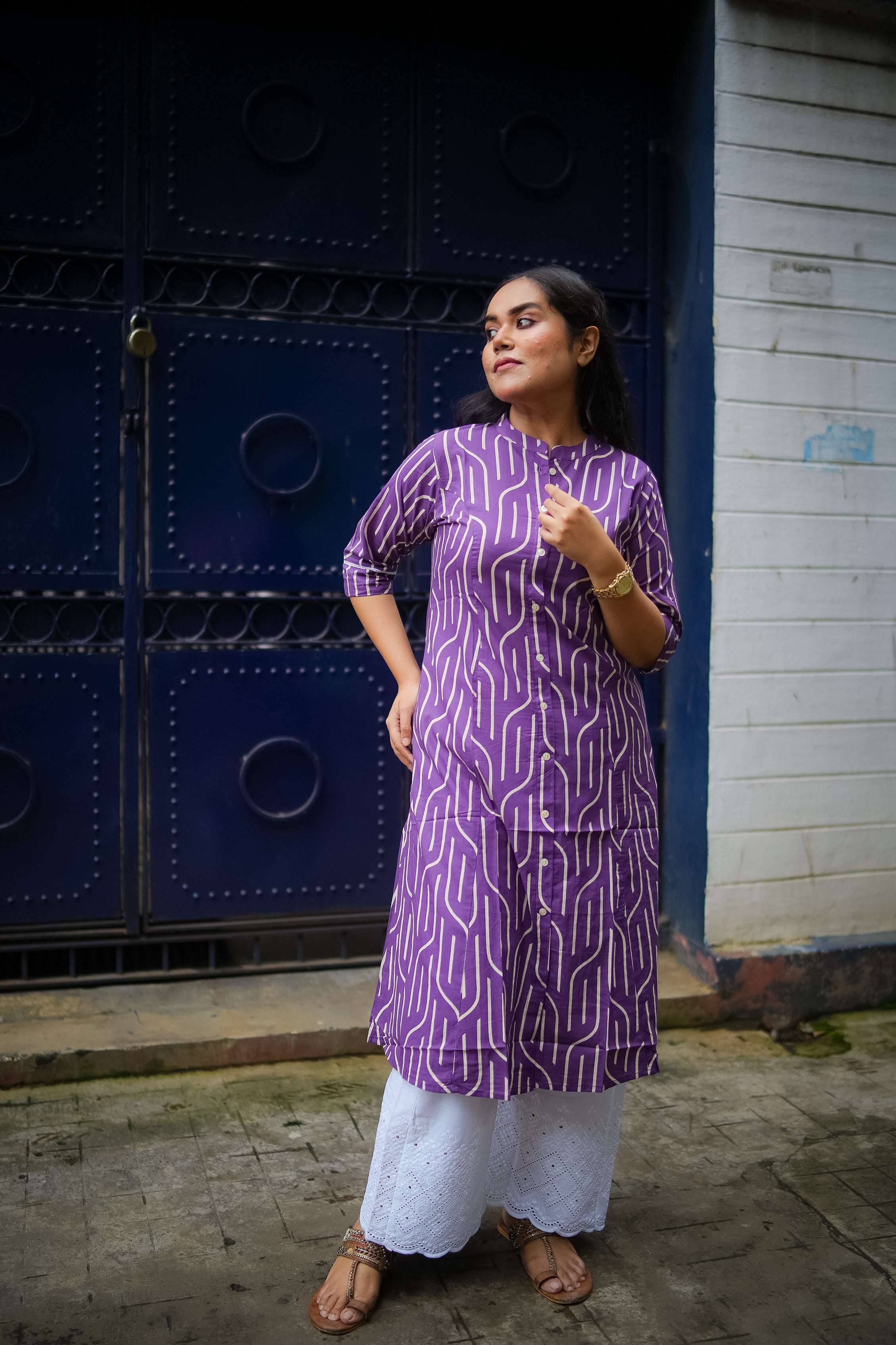 Purple Geometric Print A-line Kurta