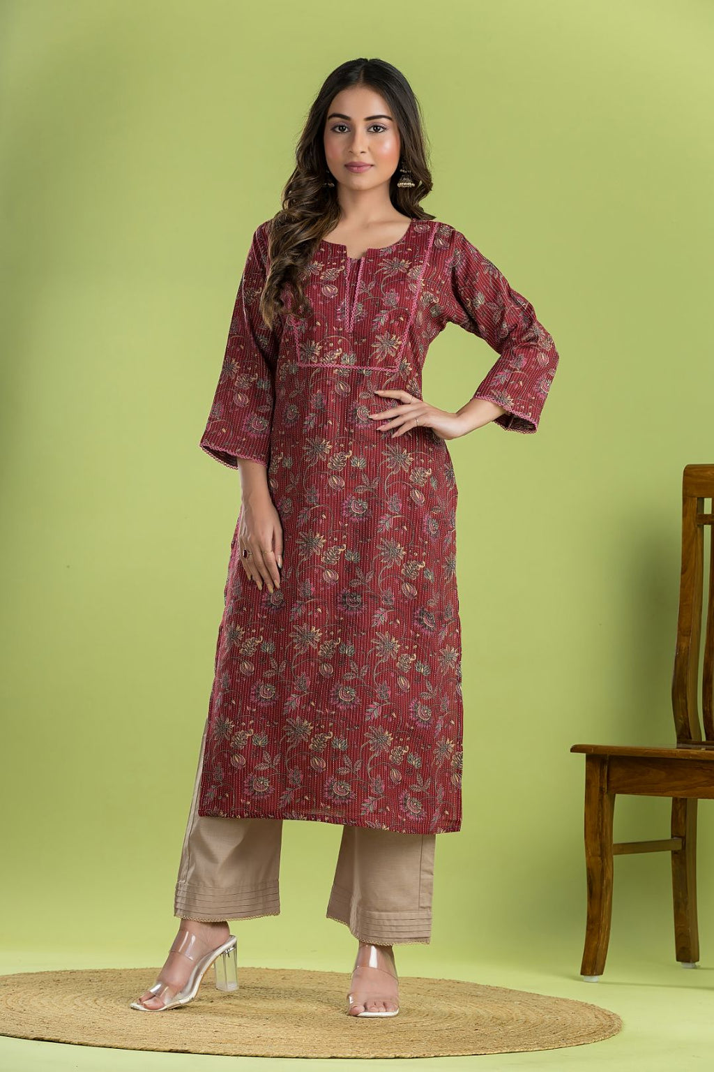 Maroon Floral Embroidered Straight Kurta