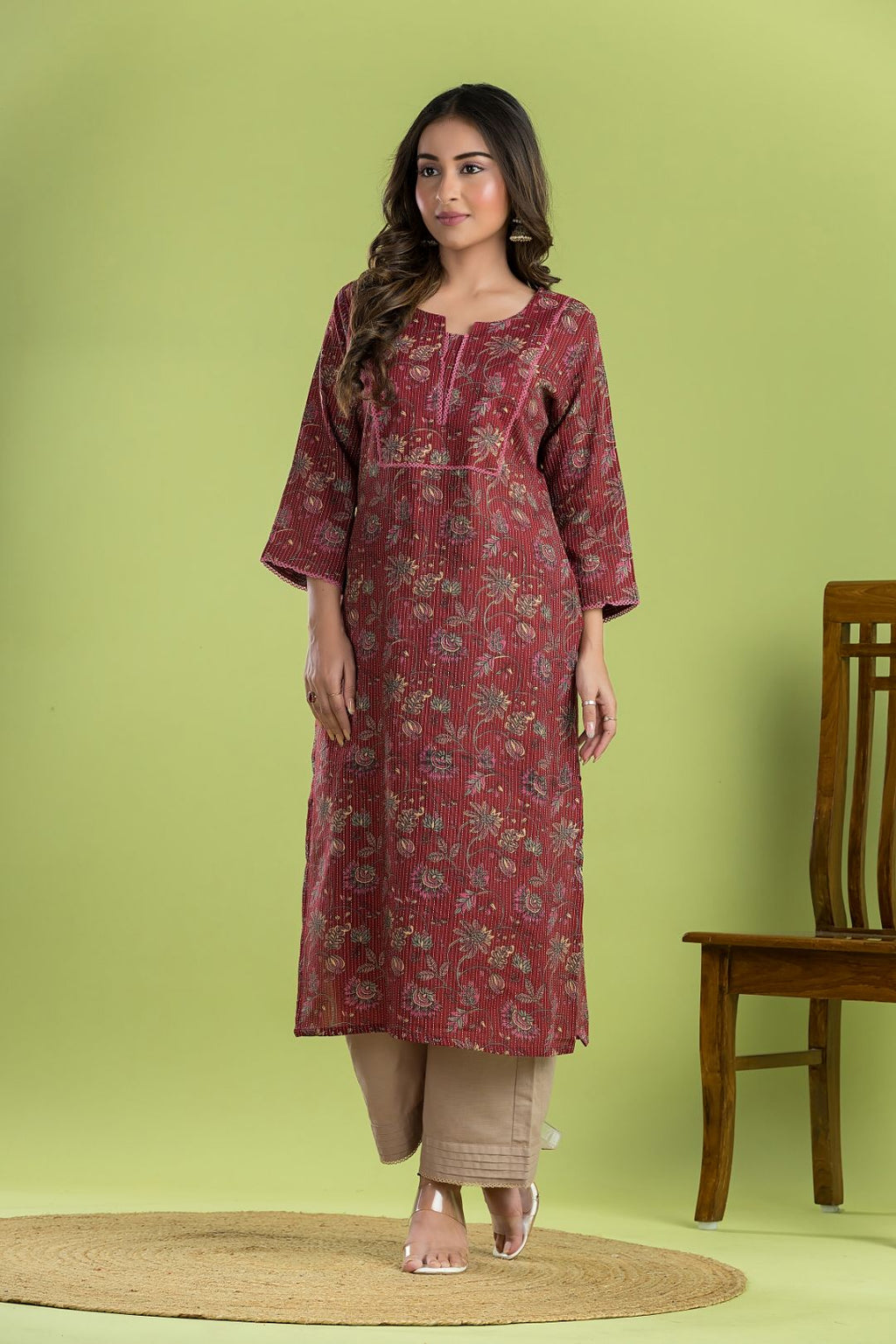 Maroon Floral Embroidered Straight Kurta