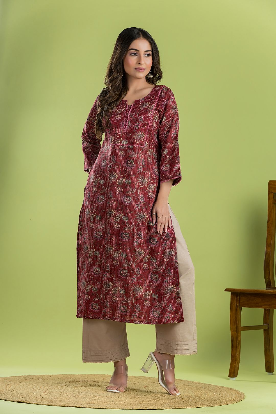 Maroon Floral Embroidered Straight Kurta