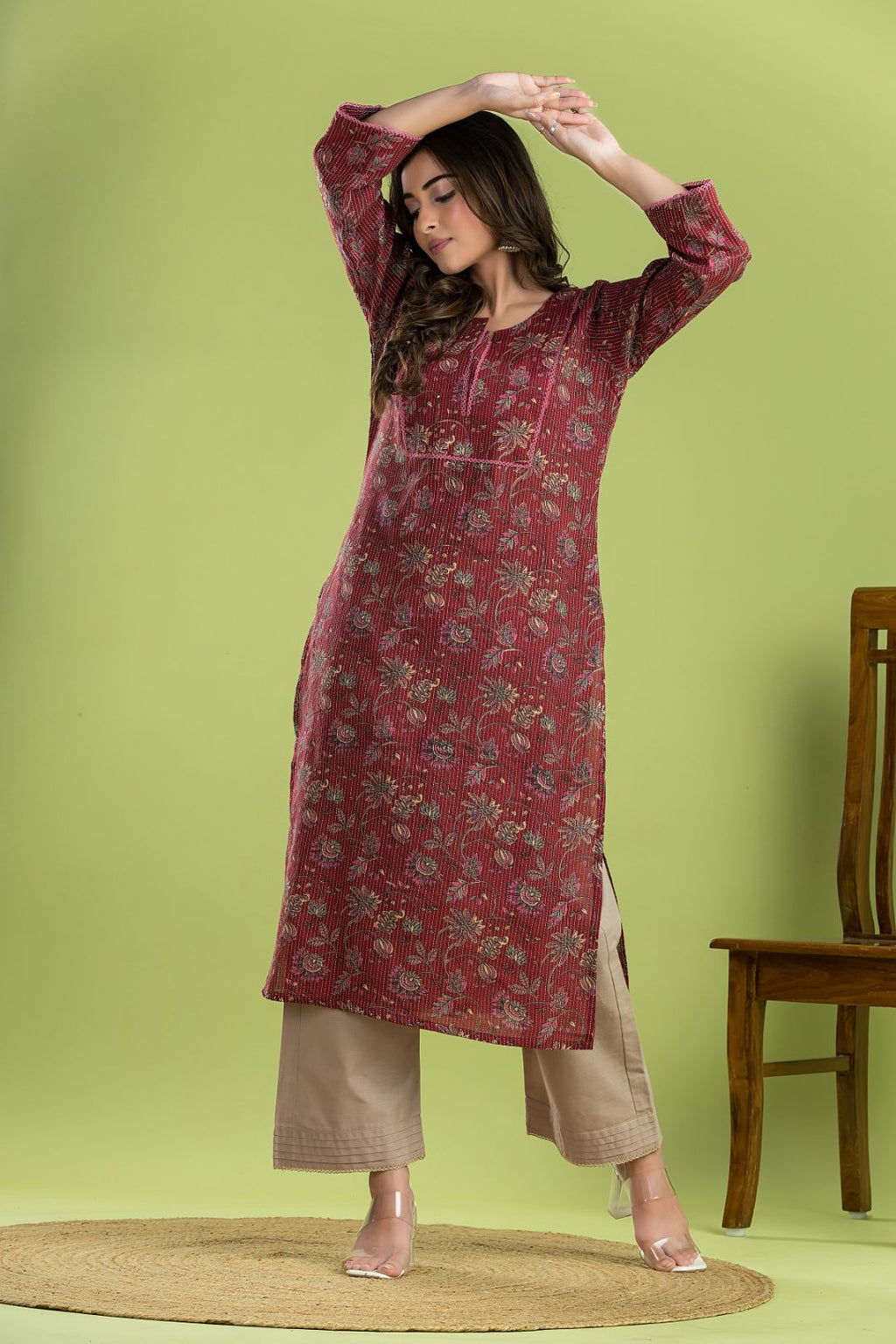 Maroon Floral Embroidered Straight Kurta