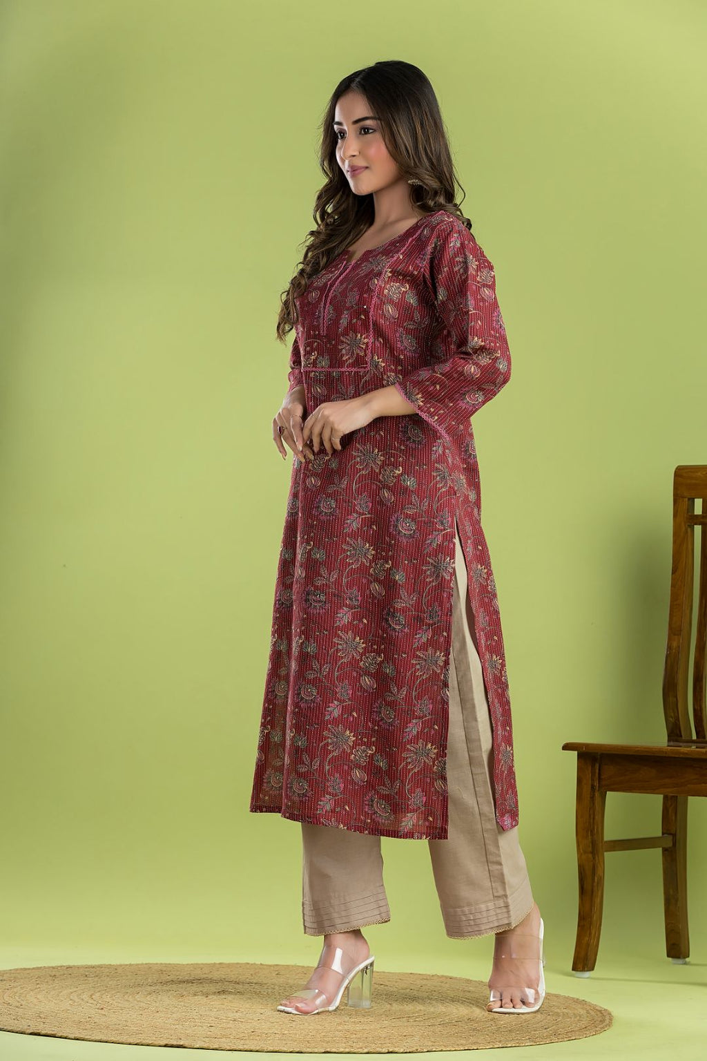 Maroon Floral Embroidered Straight Kurta