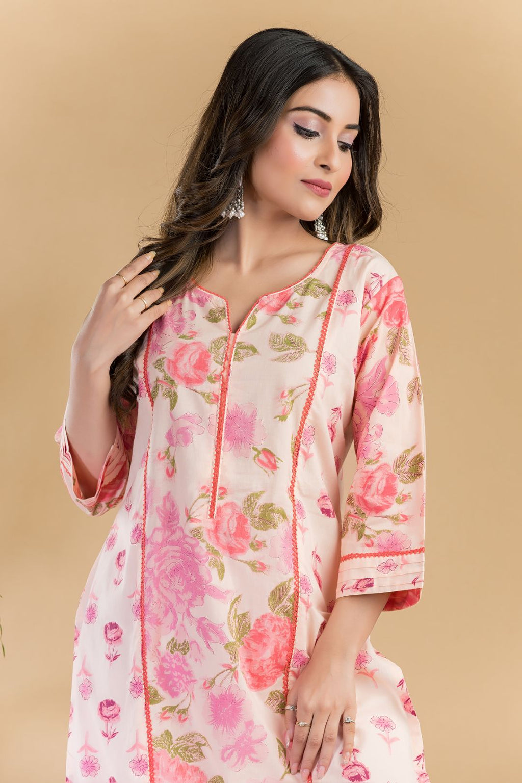 Peach Mix & Match Rose Print Straight Kurta