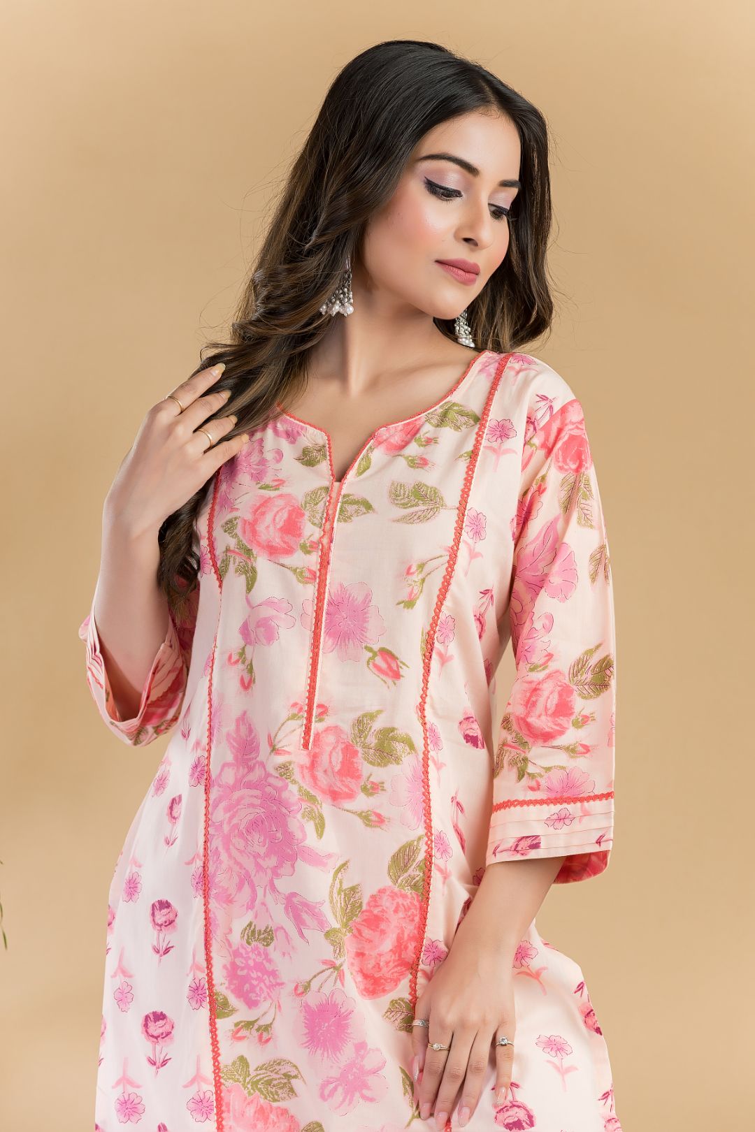 Peach Mix & Match Rose Print Straight Kurta