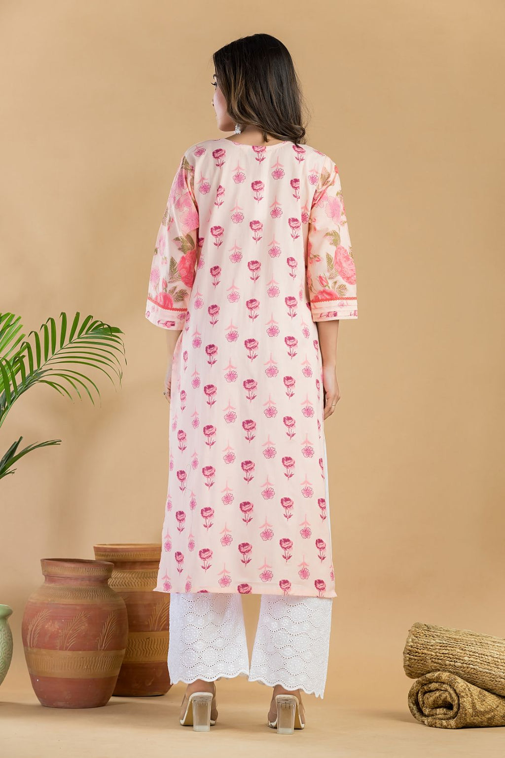 Peach Mix & Match Rose Print Straight Kurta