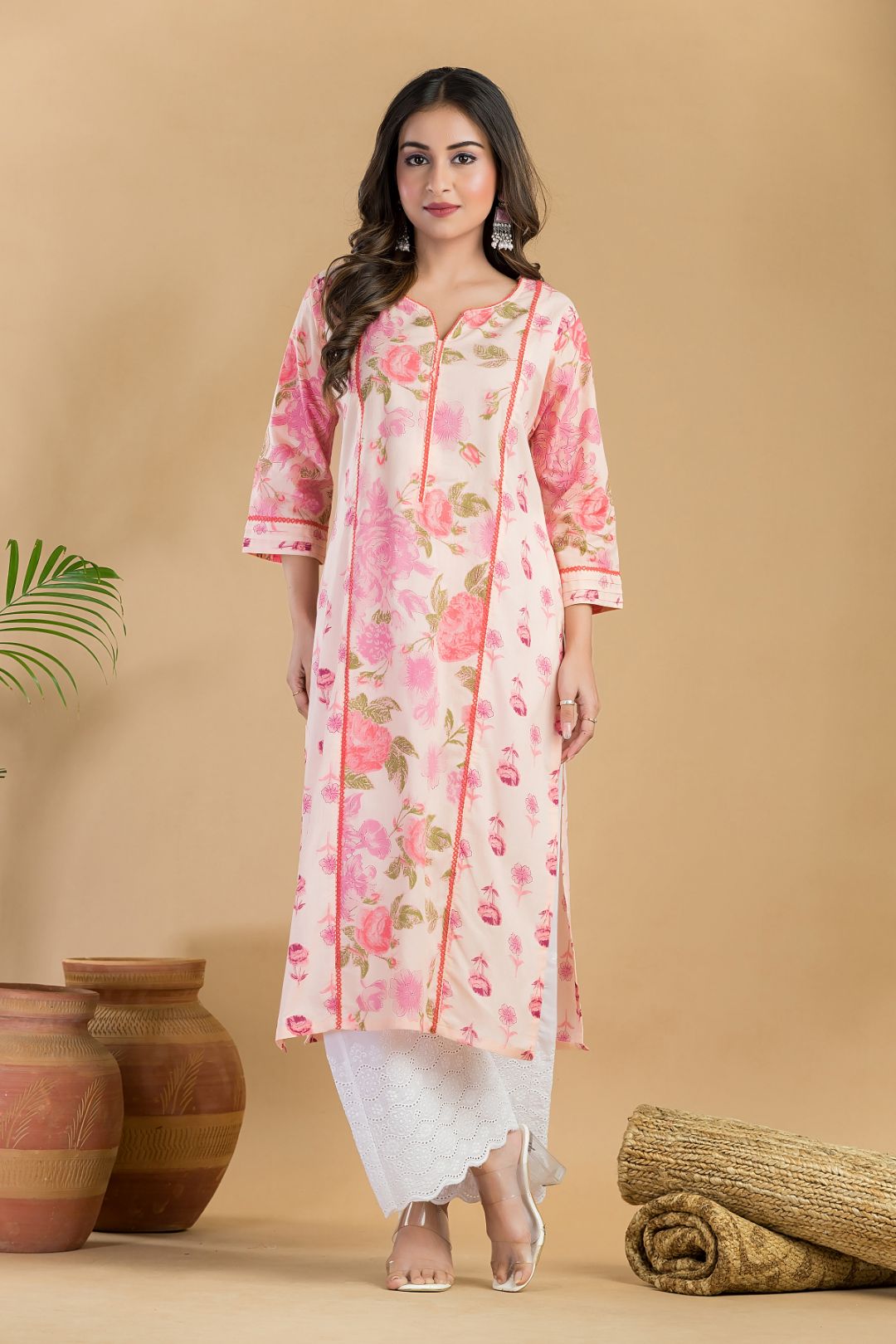 Peach Mix & Match Rose Print Straight Kurta