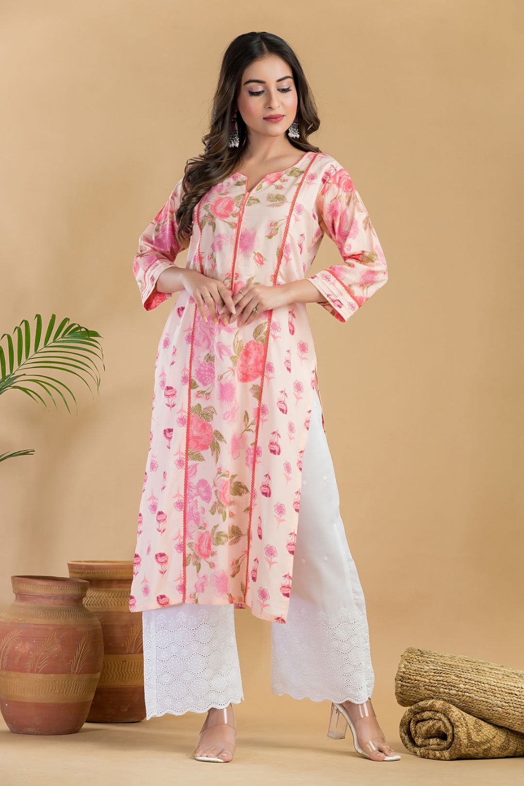 Peach Mix & Match Rose Print Straight Kurta