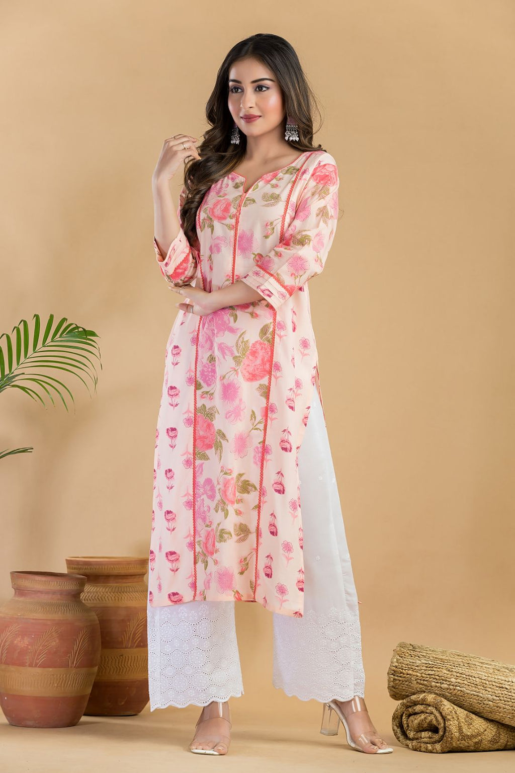 Peach Mix & Match Rose Print Straight Kurta