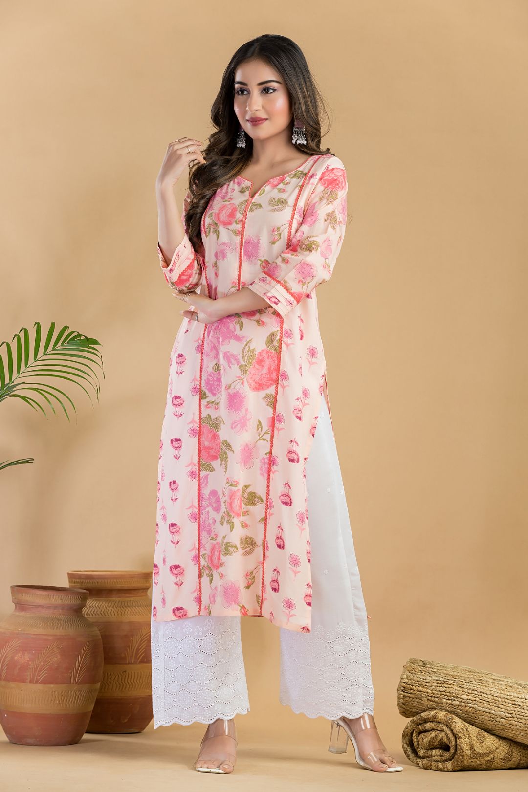Peach Mix & Match Rose Print Straight Kurta