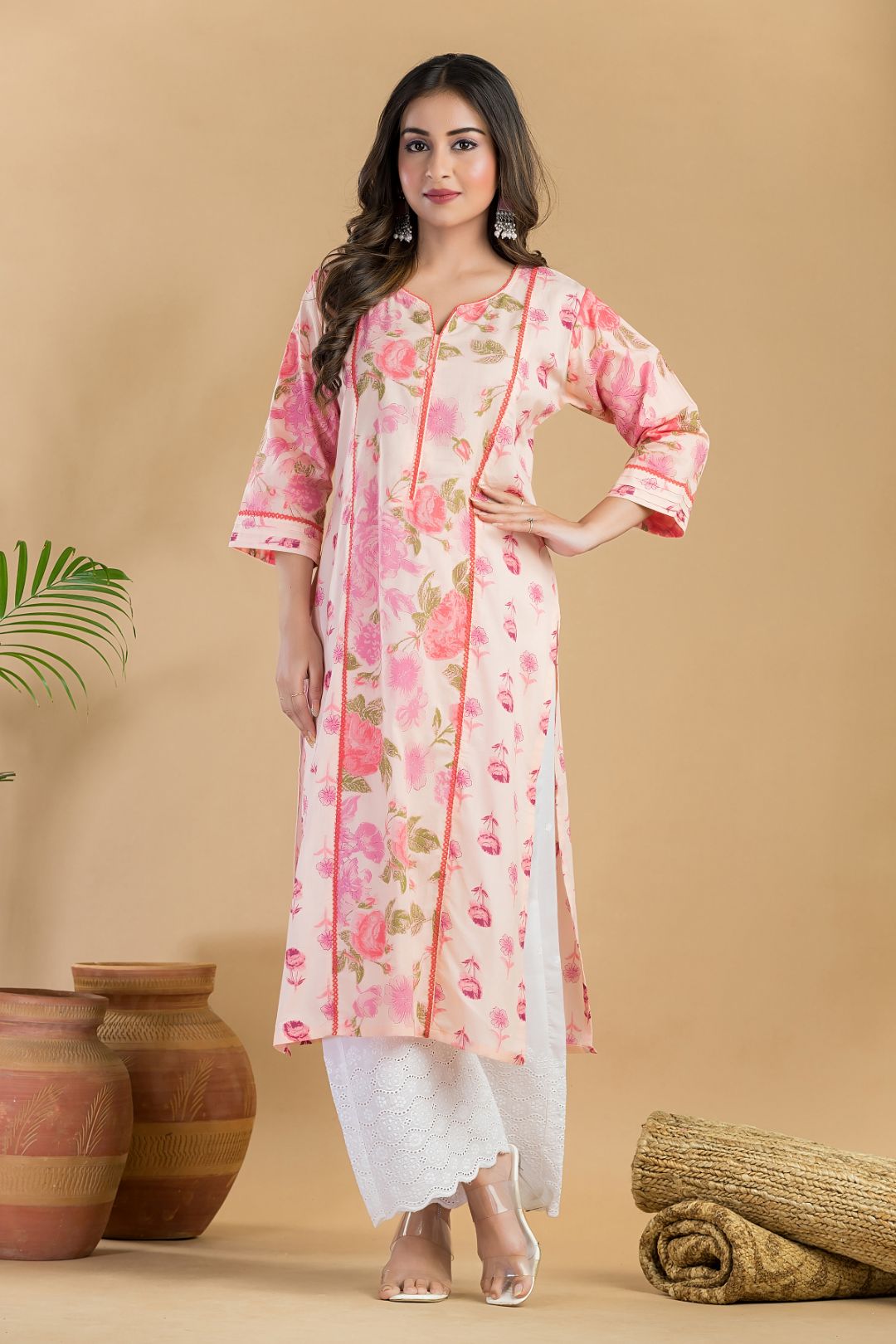Peach Mix & Match Rose Print Straight Kurta