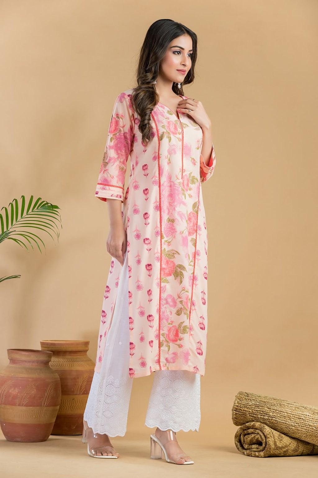 Peach Mix & Match Rose Print Straight Kurta
