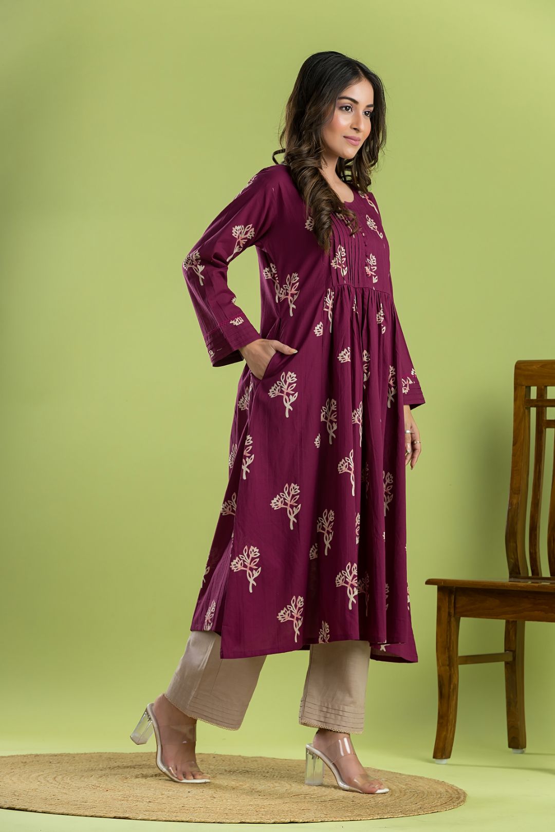 Red Purple Floral Print A-Line Kurta
