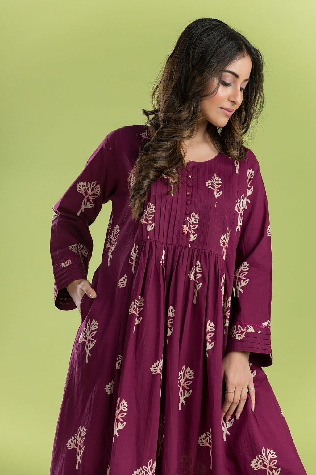 Red Purple Floral Print A-Line Kurta