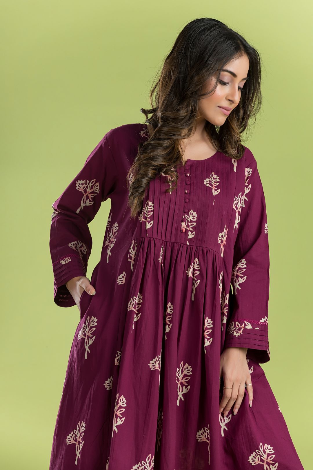 Red Purple Floral Print A-Line Kurta