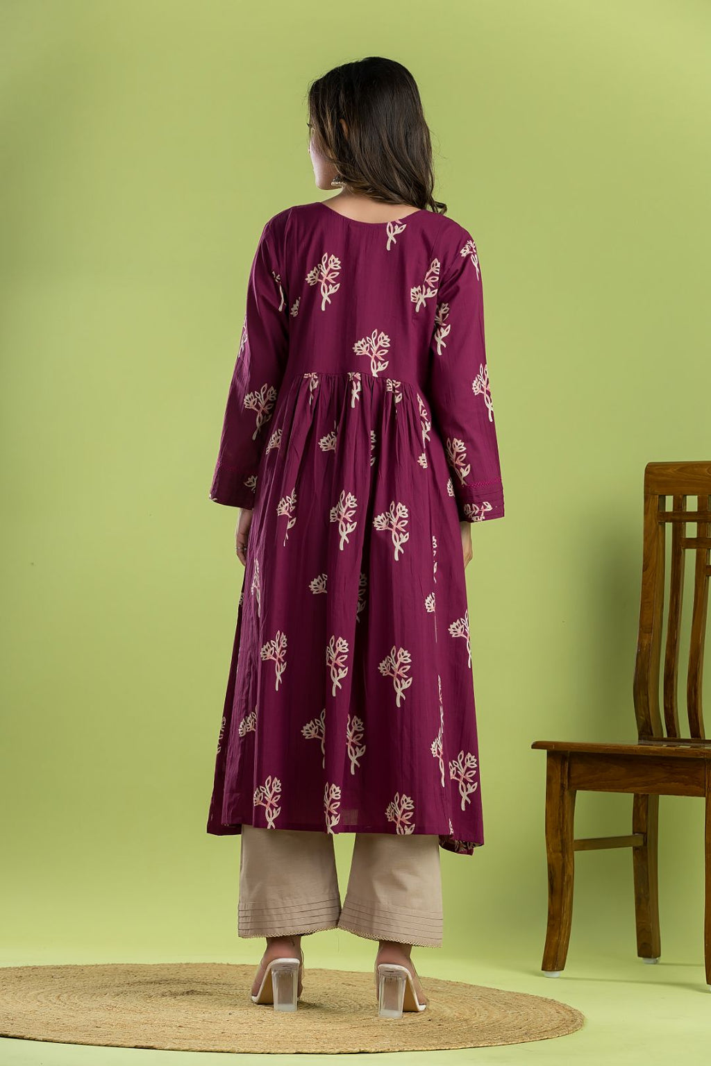 Red Purple Floral Print A-Line Kurta