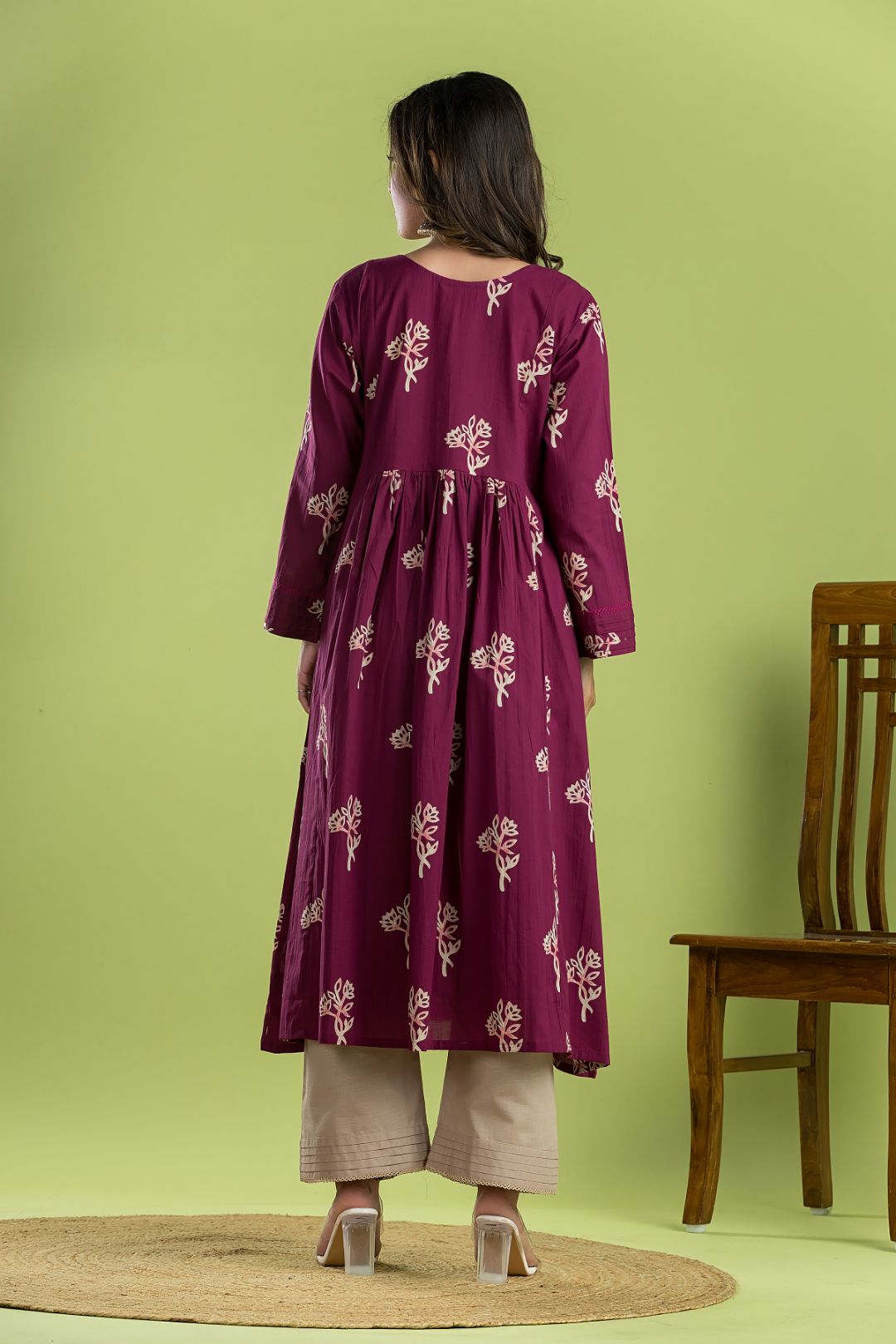 Red Purple Floral Print A-Line Kurta