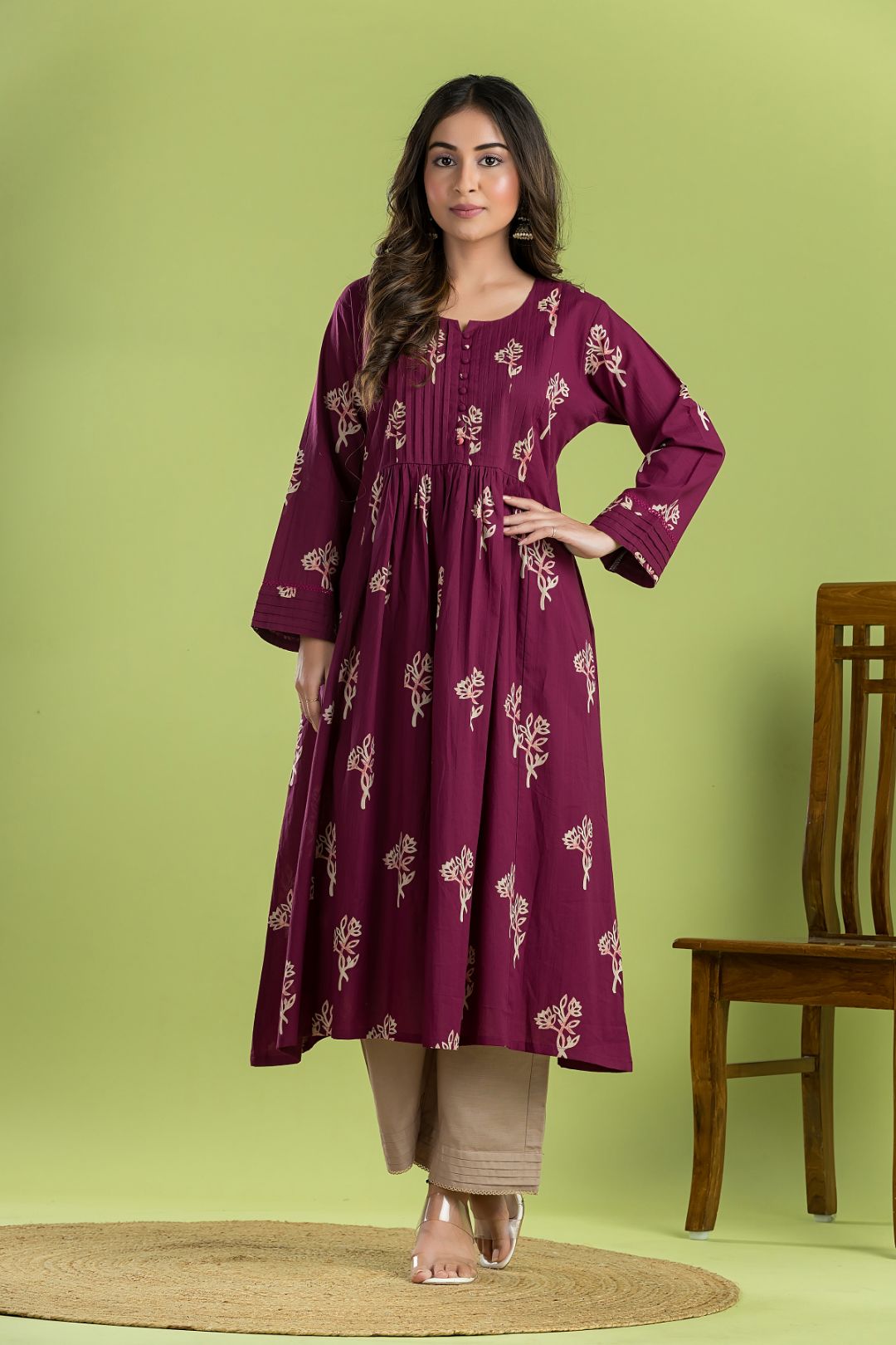 Red Purple Floral Print A-Line Kurta