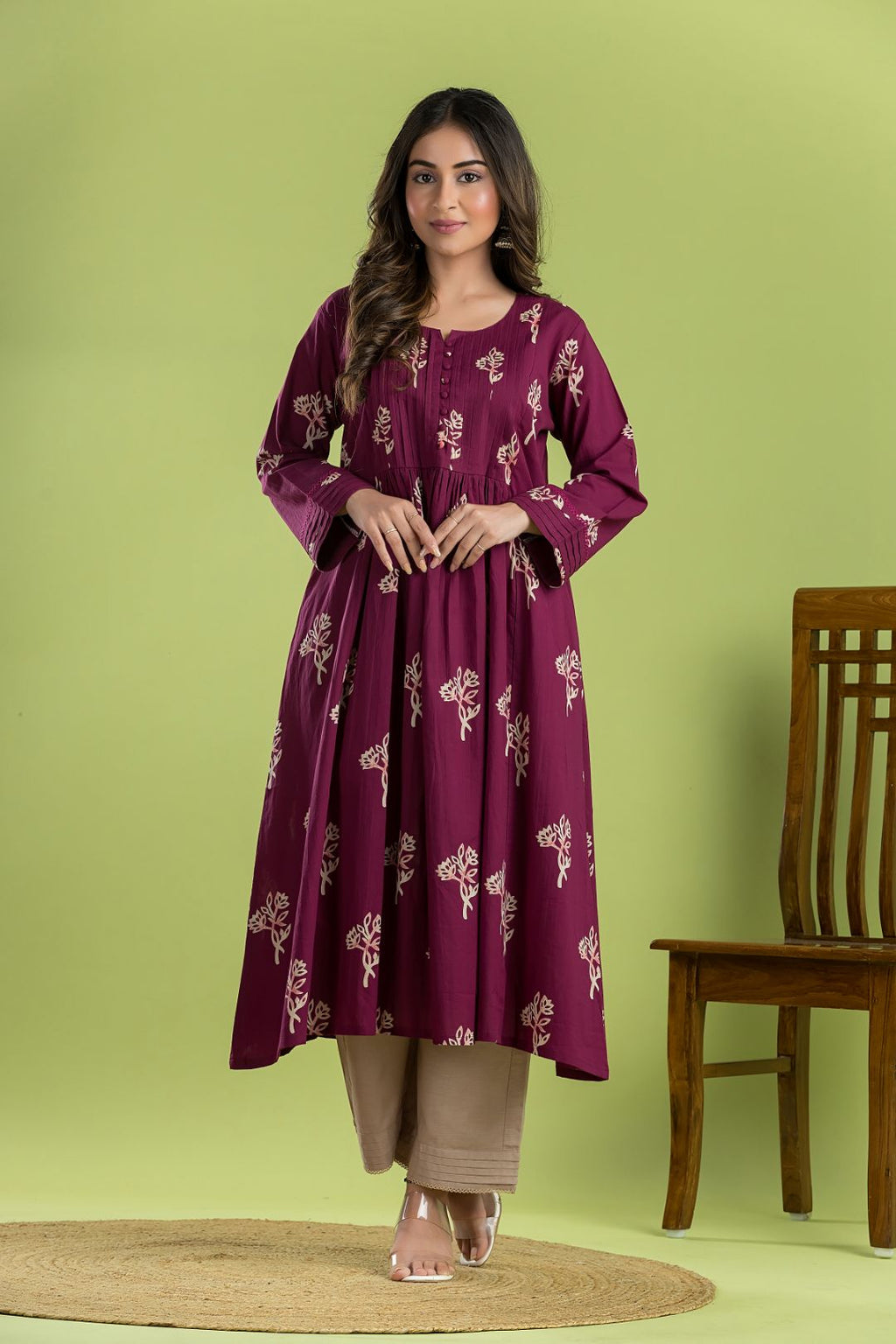 Red Purple Floral Print A-Line Kurta