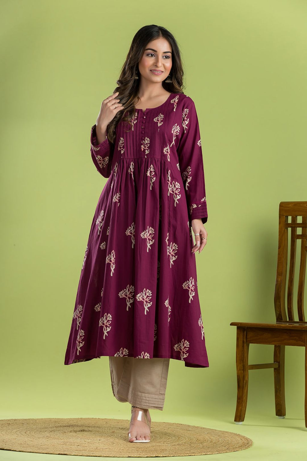 Red Purple Floral Print A-Line Kurta