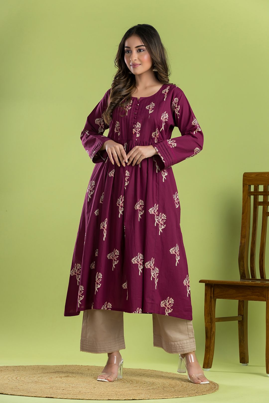 Red Purple Floral Print A-Line Kurta