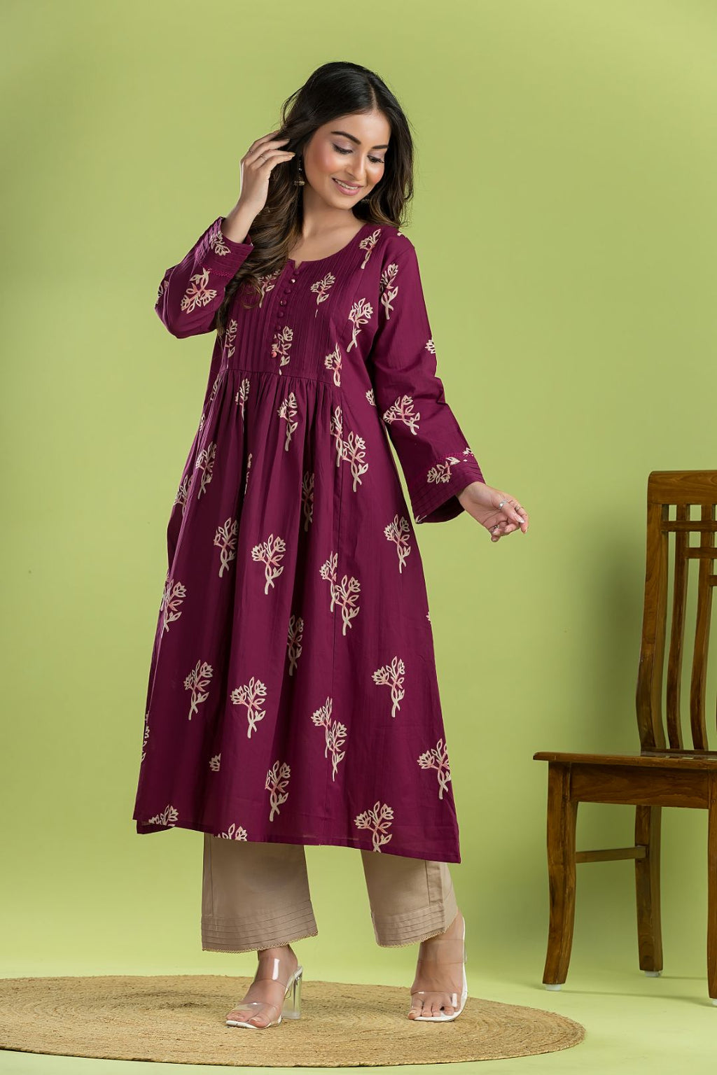 Red Purple Floral Print A-Line Kurta