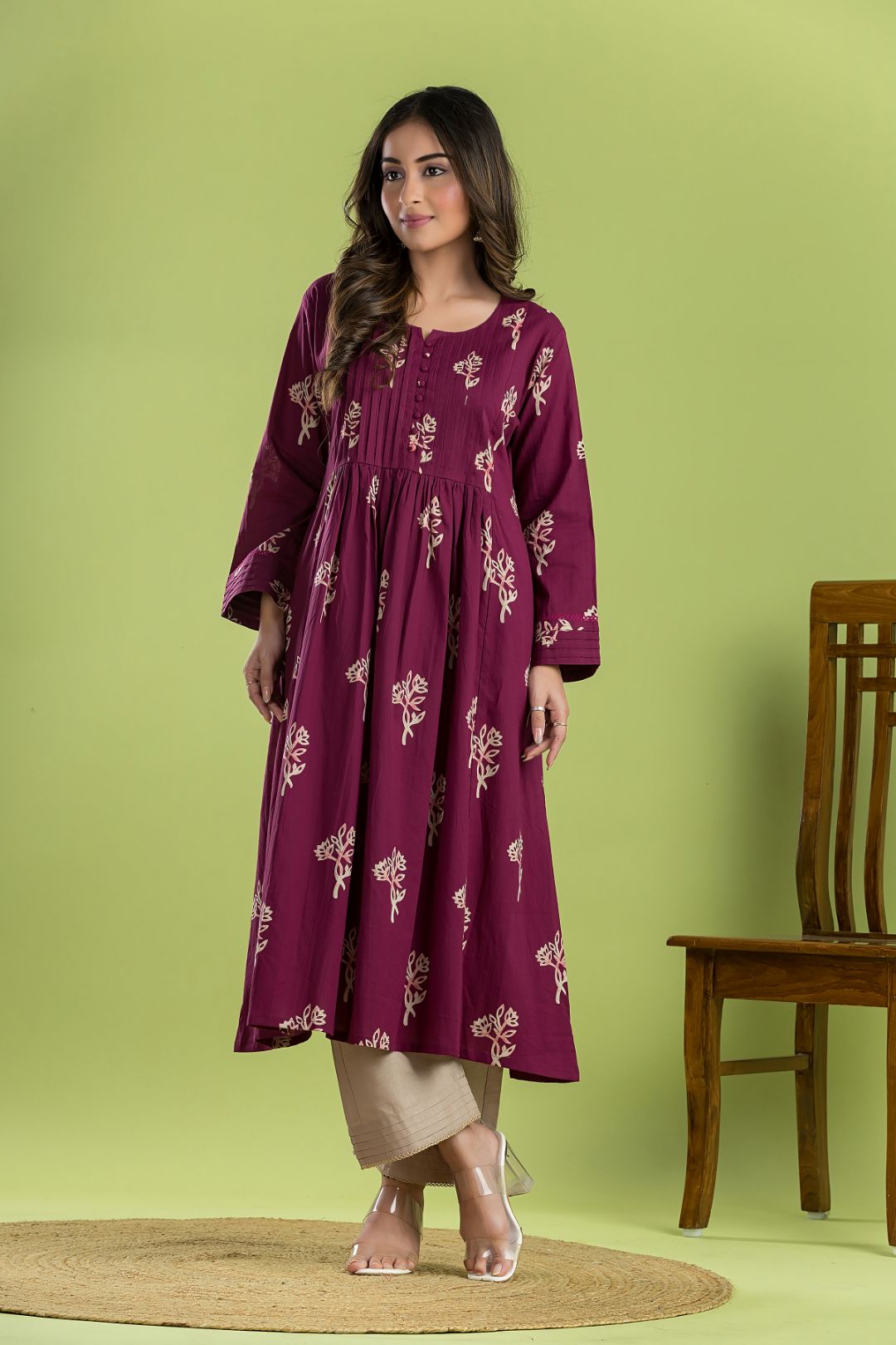 Red Purple Floral Print A-Line Kurta