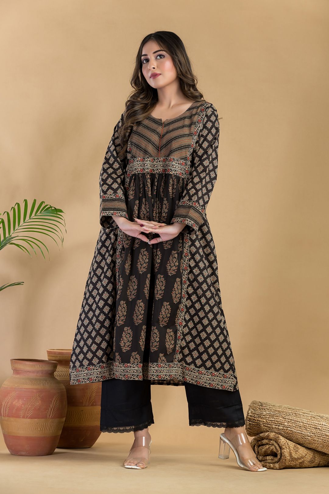 Black & Red Floral Print A-Line Kurta