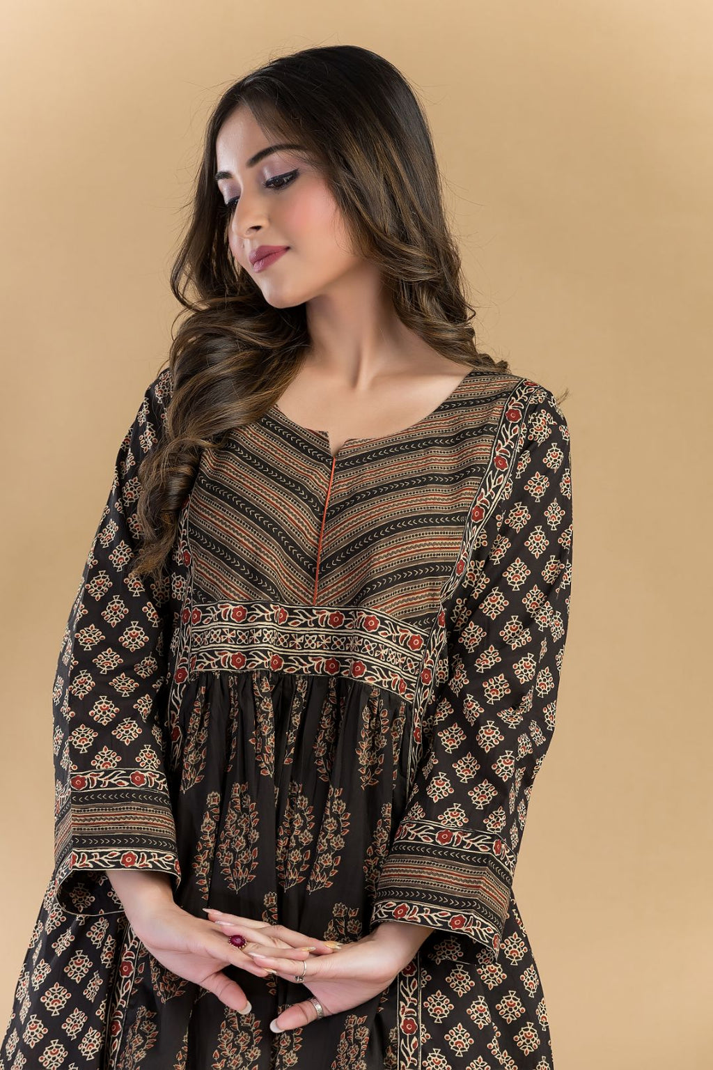 Black & Red Floral Print A-Line Kurta