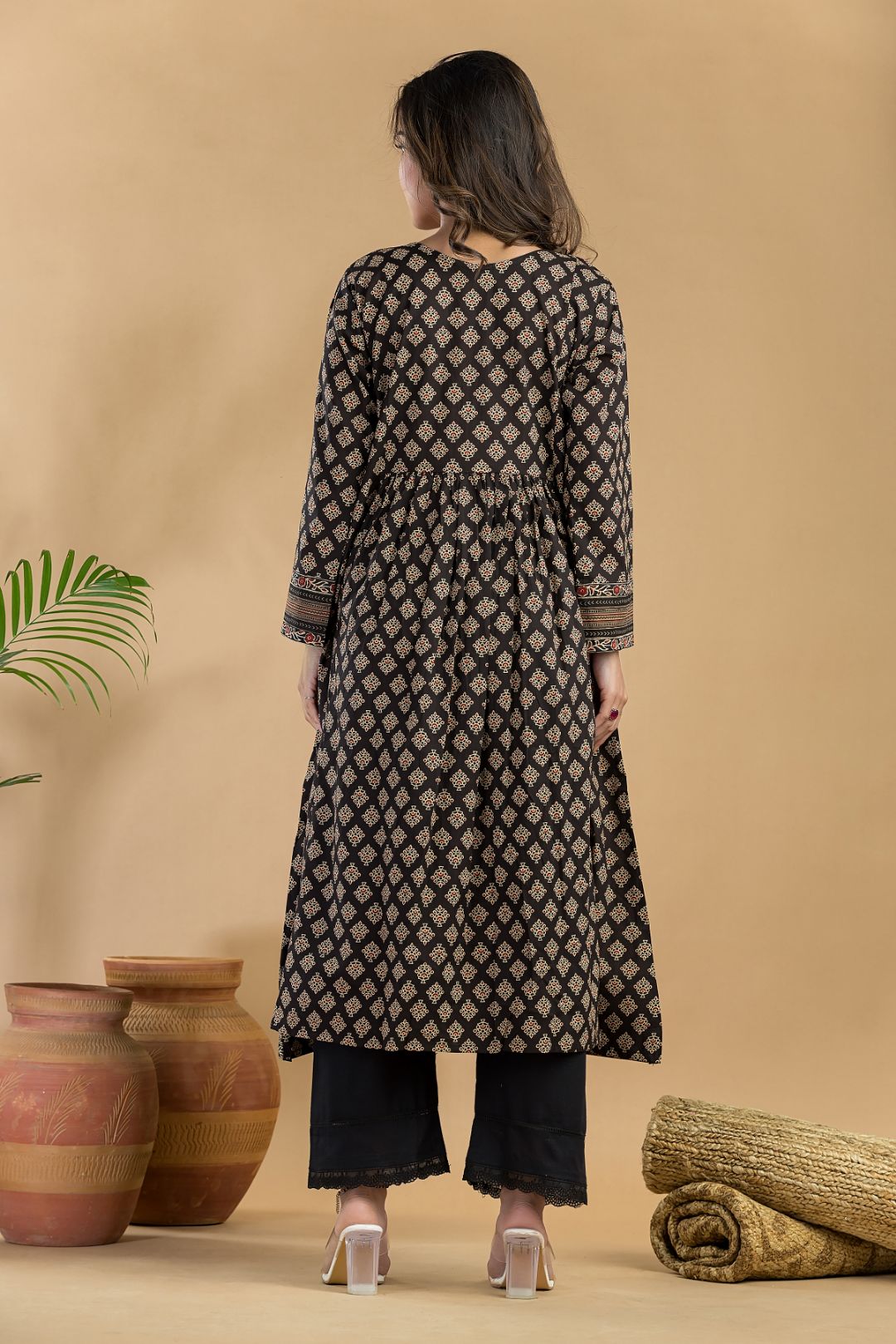 Black & Red Floral Print A-Line Kurta