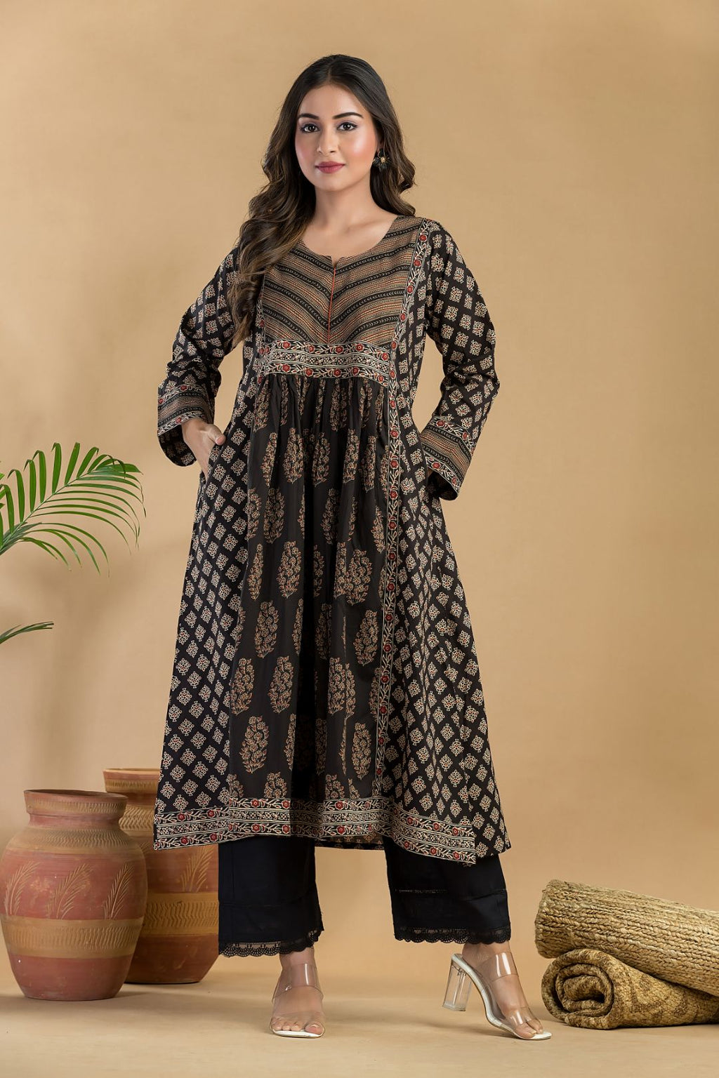 Black & Red Floral Print A-Line Kurta