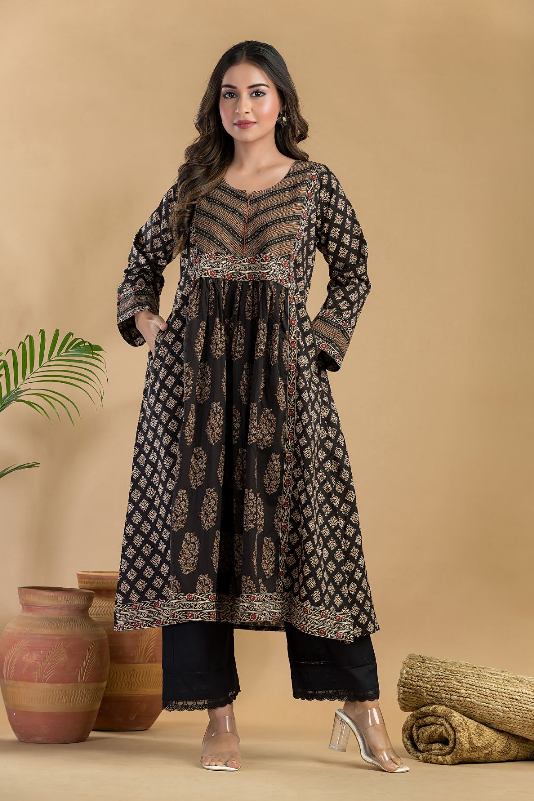 Black & Red Floral Print A-Line Kurta