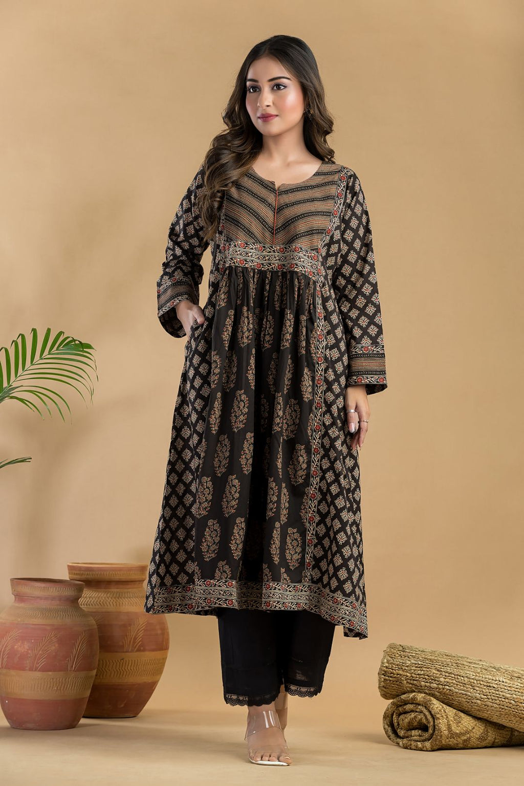 Black & Red Floral Print A-Line Kurta