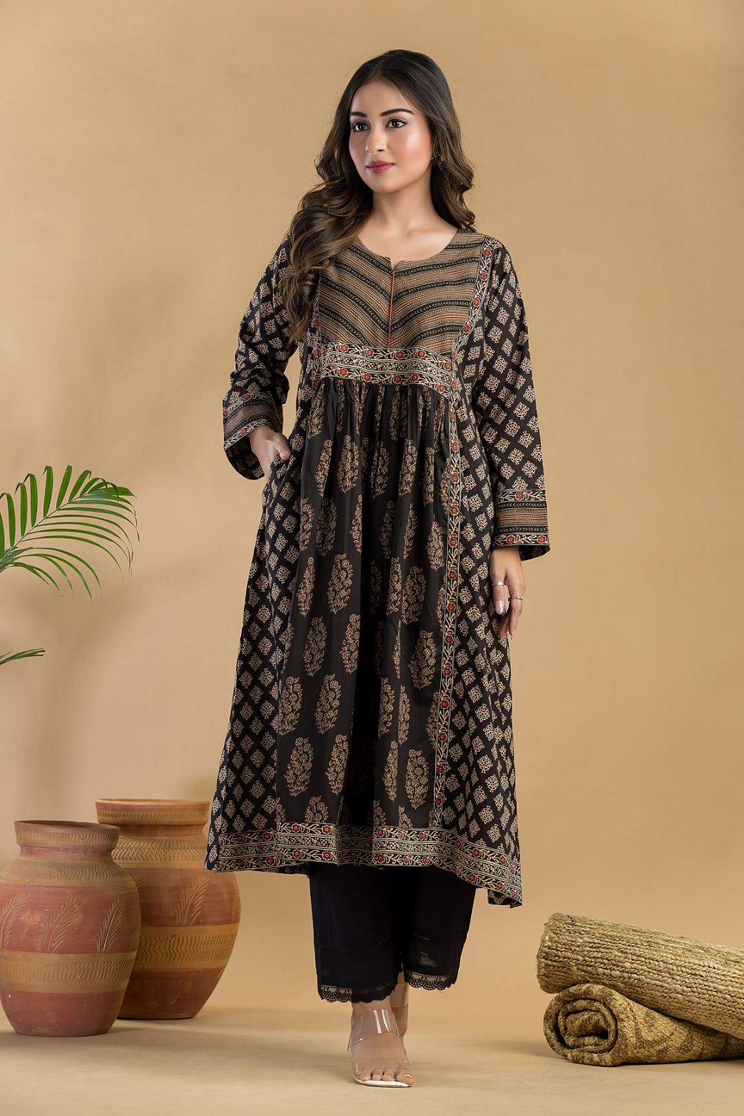 Black & Red Floral Print A-Line Kurta