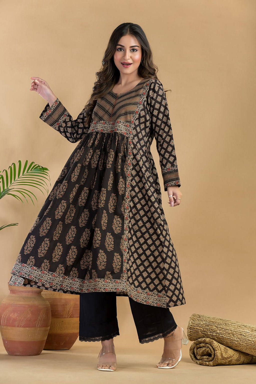 Black & Red Floral Print A-Line Kurta