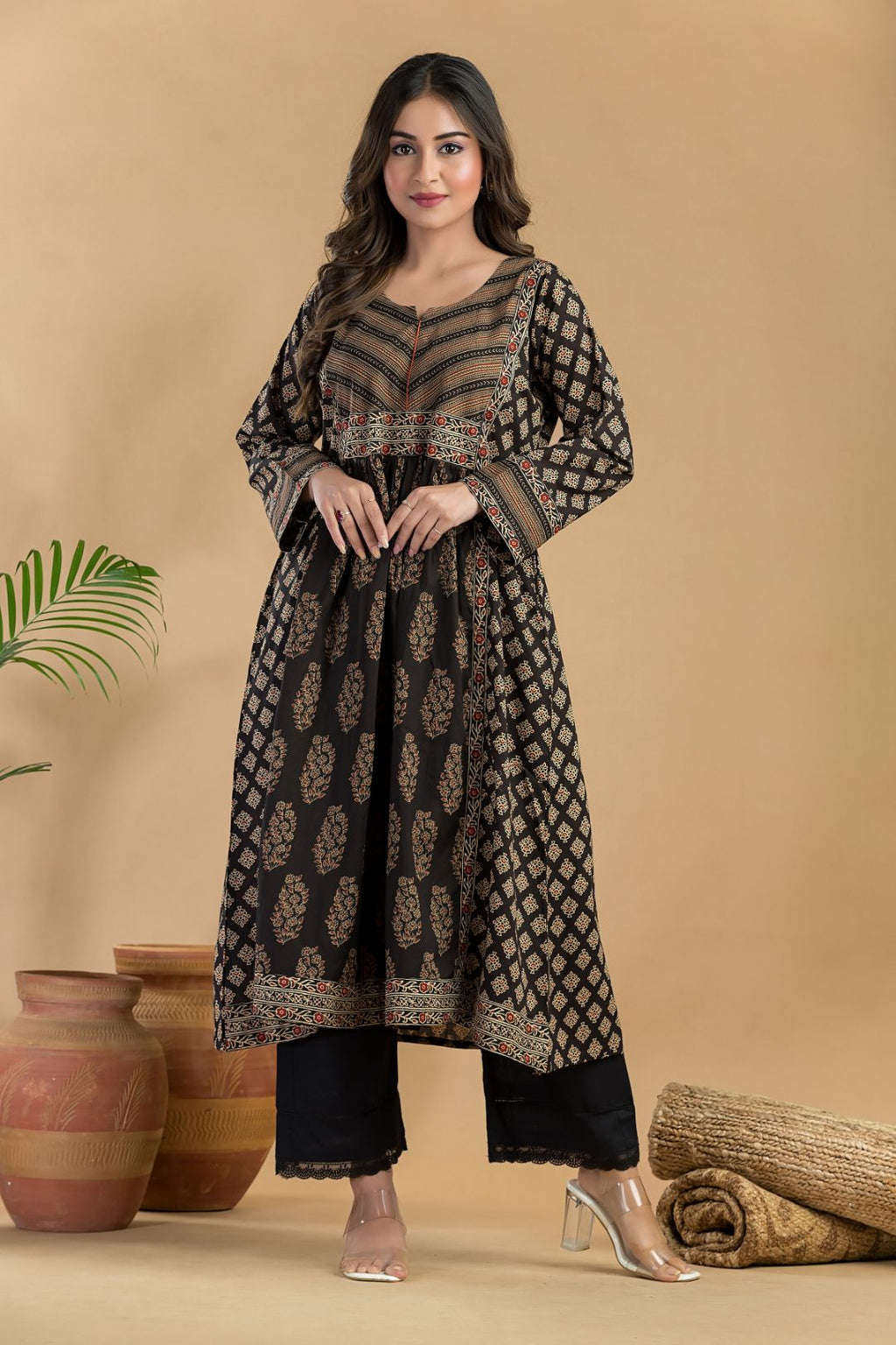 Black & Red Floral Print A-Line Kurta